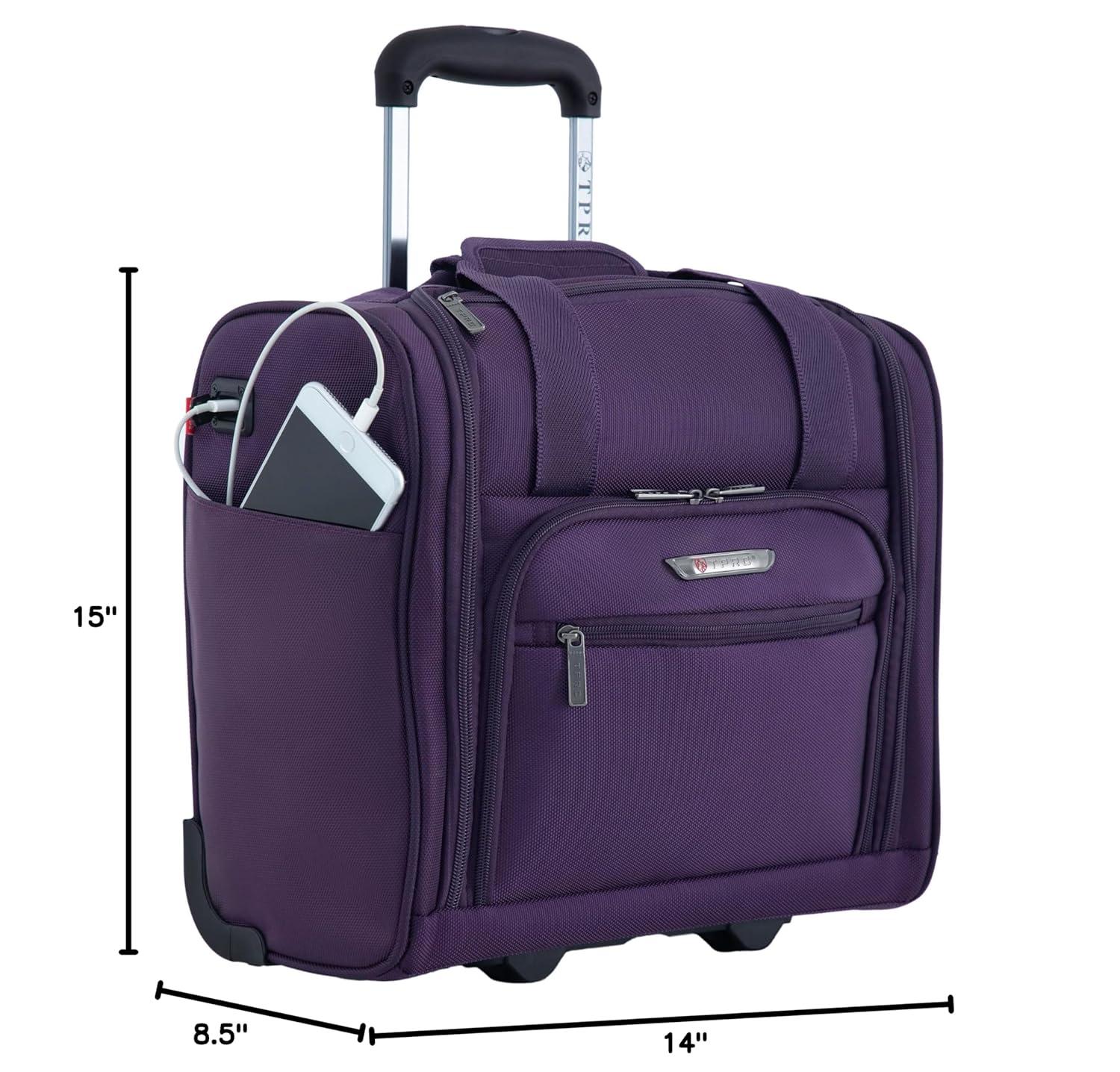 TPRC 15" Under Seater Carry-on Luggage with Wheels and USB Port - Purple