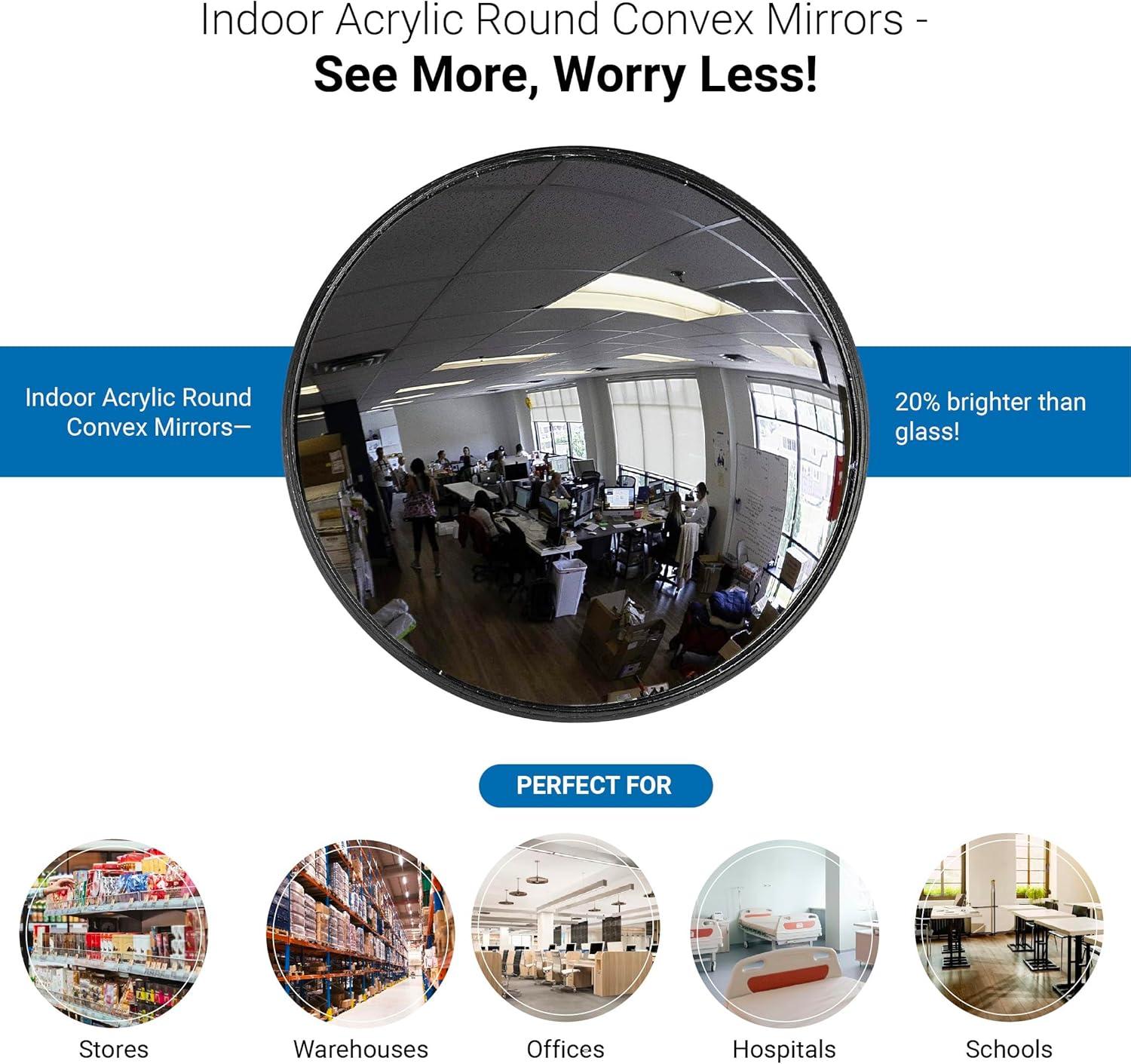 12â€ Acrylic Convex Mirror, Round Indoor Security Mirror for the Garage Blind Spot, Store Safety, Warehouse Side View, and More, Circular Wall Mirror for Personal or Office Use - Vision Metalizers