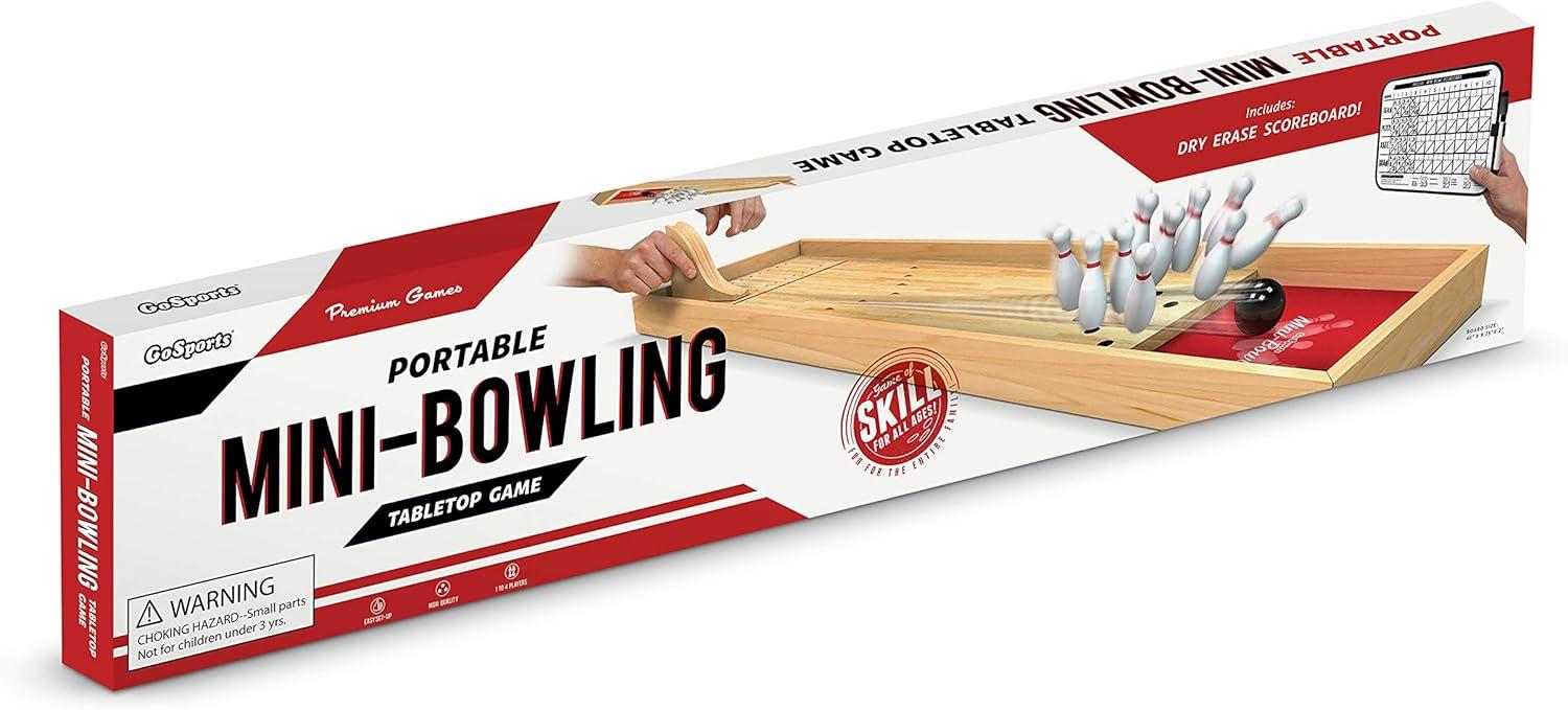 GoSports Mini Wooden Tabletop Bowling Game Set for Kids & Adults - Includes 1 Bowling Alley Board, 1 Launch Ramp, 2 Mini Bowling Balls, 10 Pins & Dry Erase Scorecard