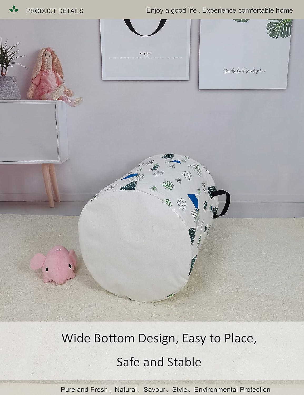 Round White and Green Fabric Storage Bin with Handles