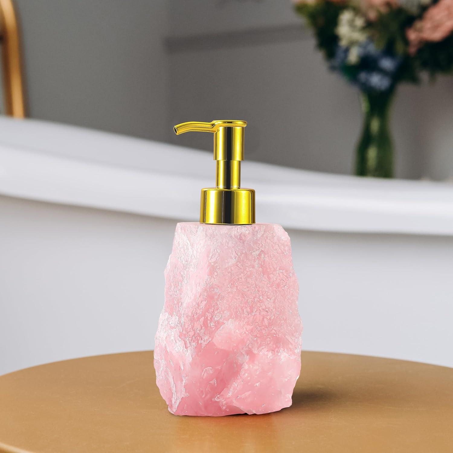 Rose Quartz Crystal Dispenser - Glossy Gold Color Pump - Natural Stone Soap Dispenser for Bathroom
