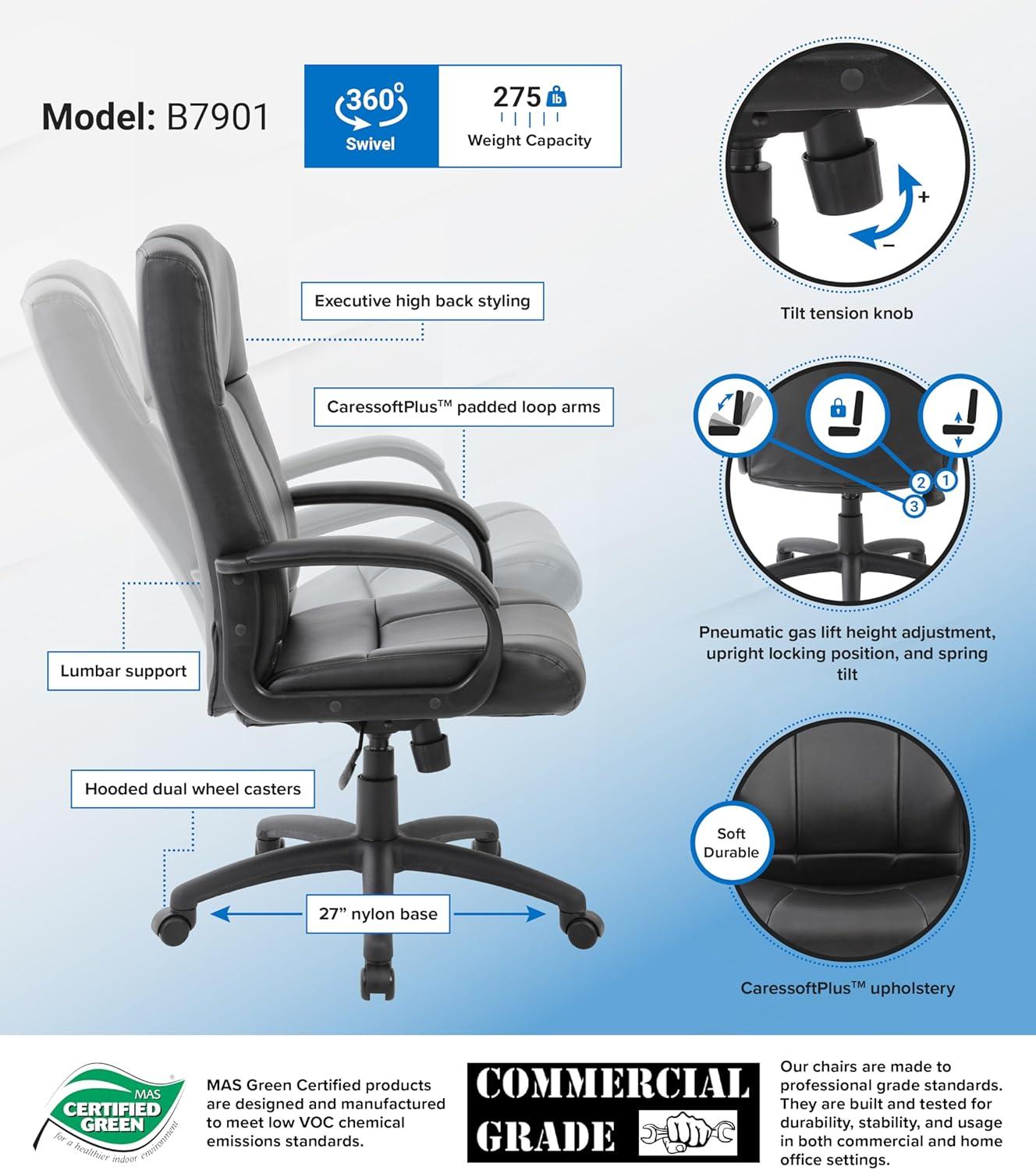 Caressoft Executive High Back Chair Black - Boss Office Products: Pneumatic Lift, Lumbar Support, 5 Casters