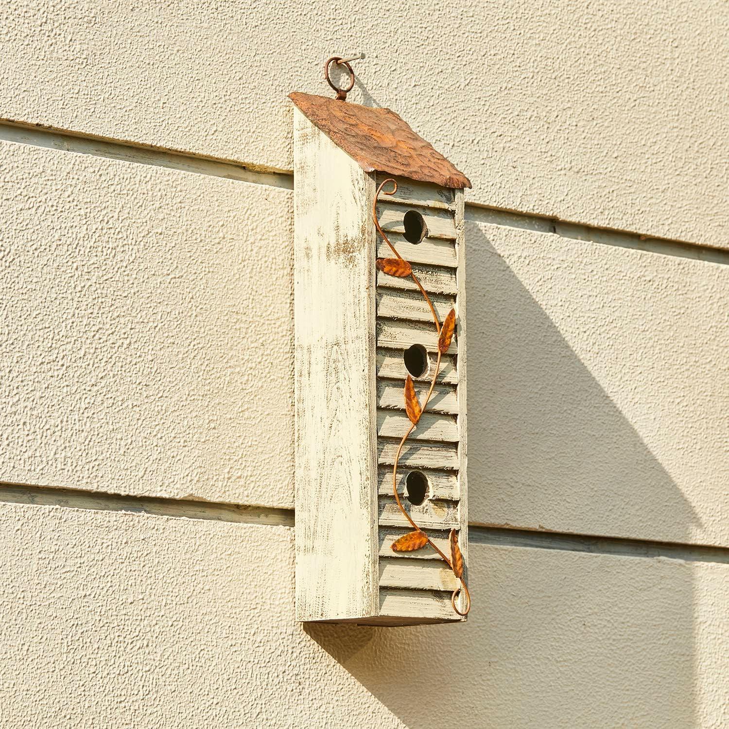 Glitzhome  18"H Three-Tier Distressed Solid Wood Window Shutters Birdhouse Off-White