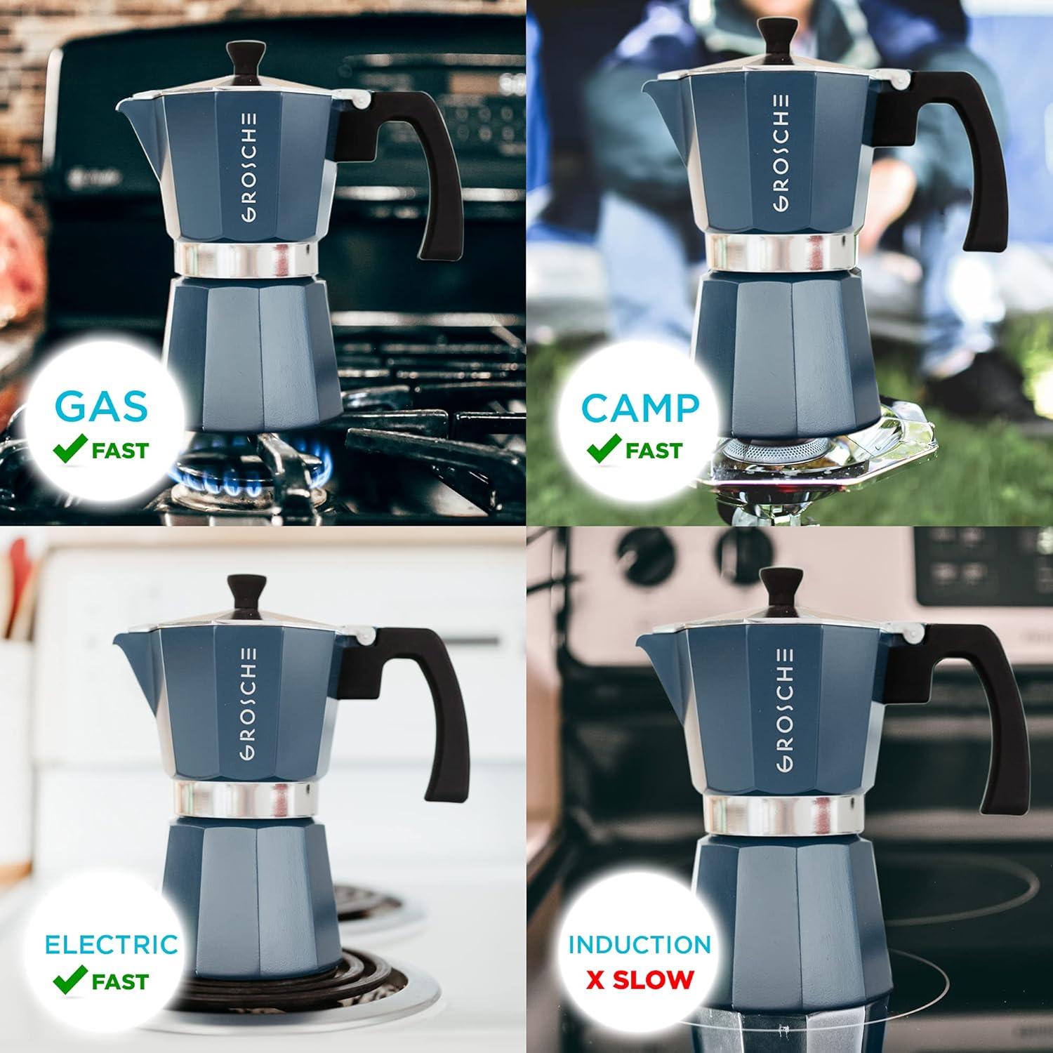 GROSCHE Milano Stovetop Espresso Maker Moka Pot 6 Espresso Cup size 9.3oz, Blue