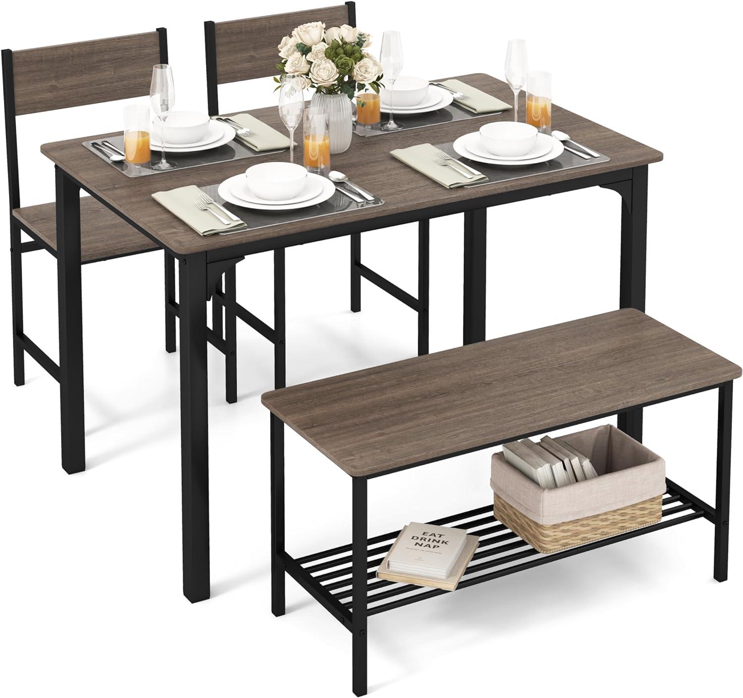 Costway 4pcs Dining Table Set Rustic Desk 2 Chairs & Bench w/ Storage Rack Grey