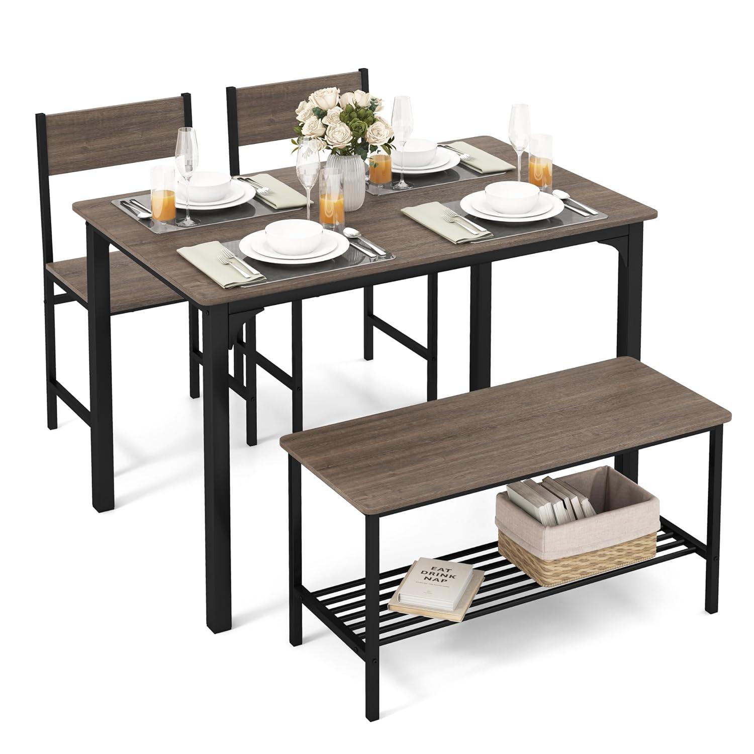 Costway 4pcs Dining Table Set Rustic Desk 2 Chairs & Bench w/ Storage Rack Grey