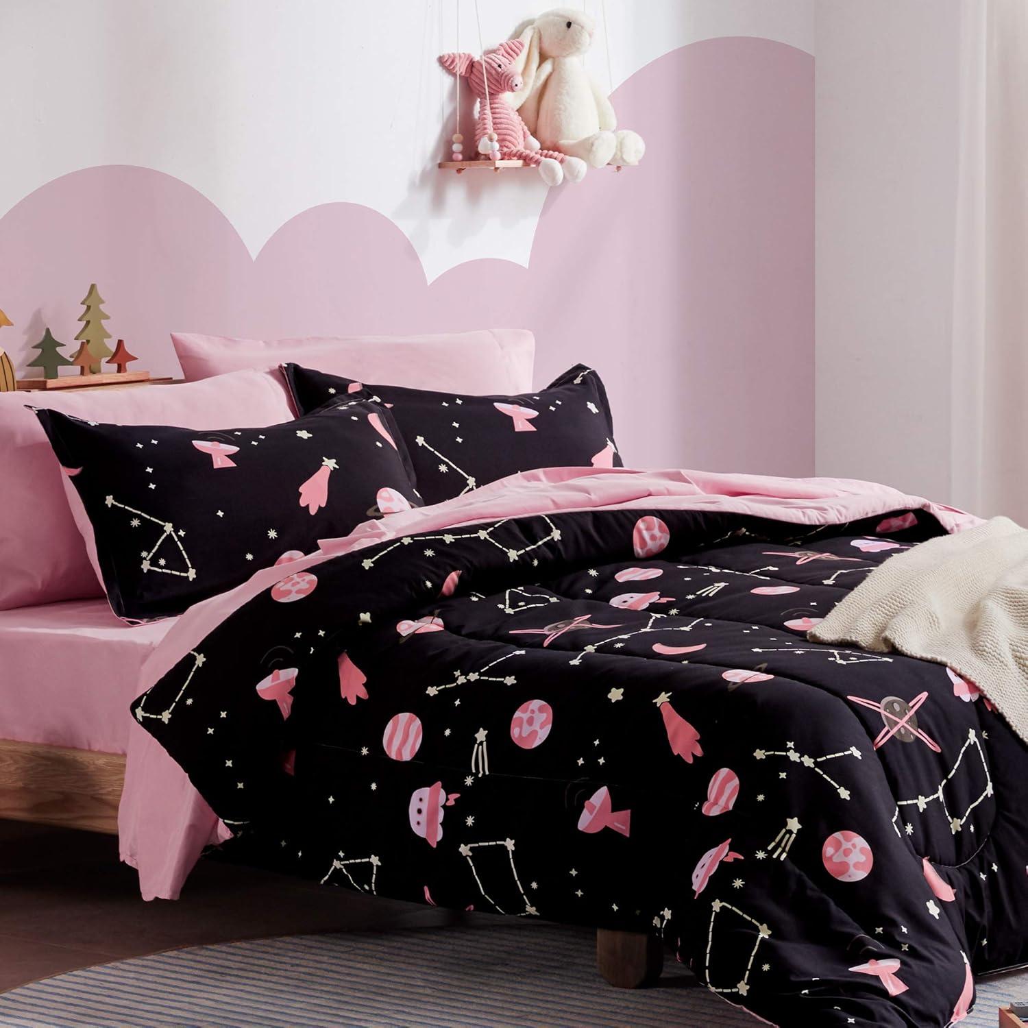 Pink and Black Twin Galaxy Microfiber Kids Bedding Set