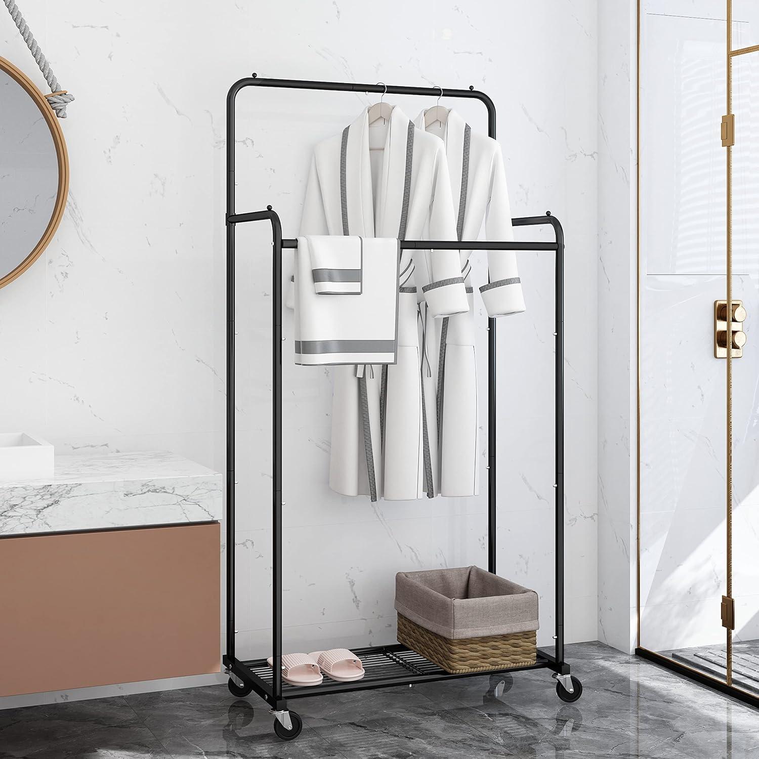 Black Heavy Duty Double Rod Rolling Garment Rack with Hooks