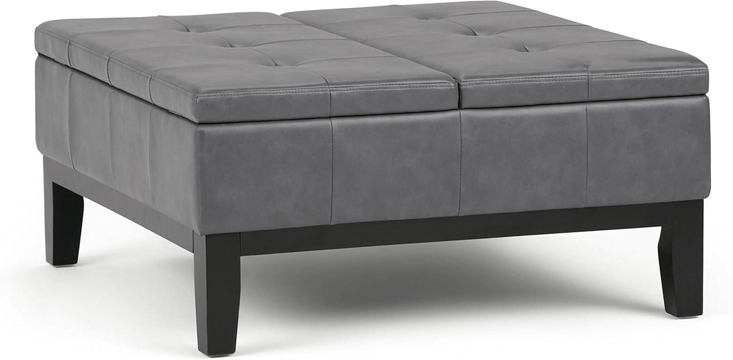 Simpli Home Dover 36"W Upholstered Square Coffee Table Storage Ottoman with Split Tufted Lift Top