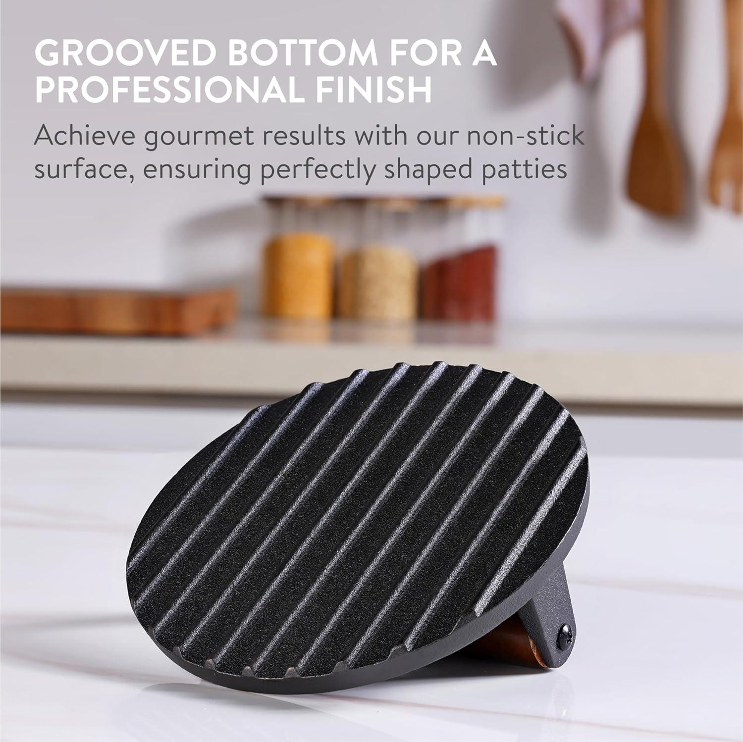 Navaris Cast Iron Round Burger Smasher - Food Grade Smash Burger Press with Wooden Handle - Grill BBQ Meat Patty Maker - Chef Press Burger Weight