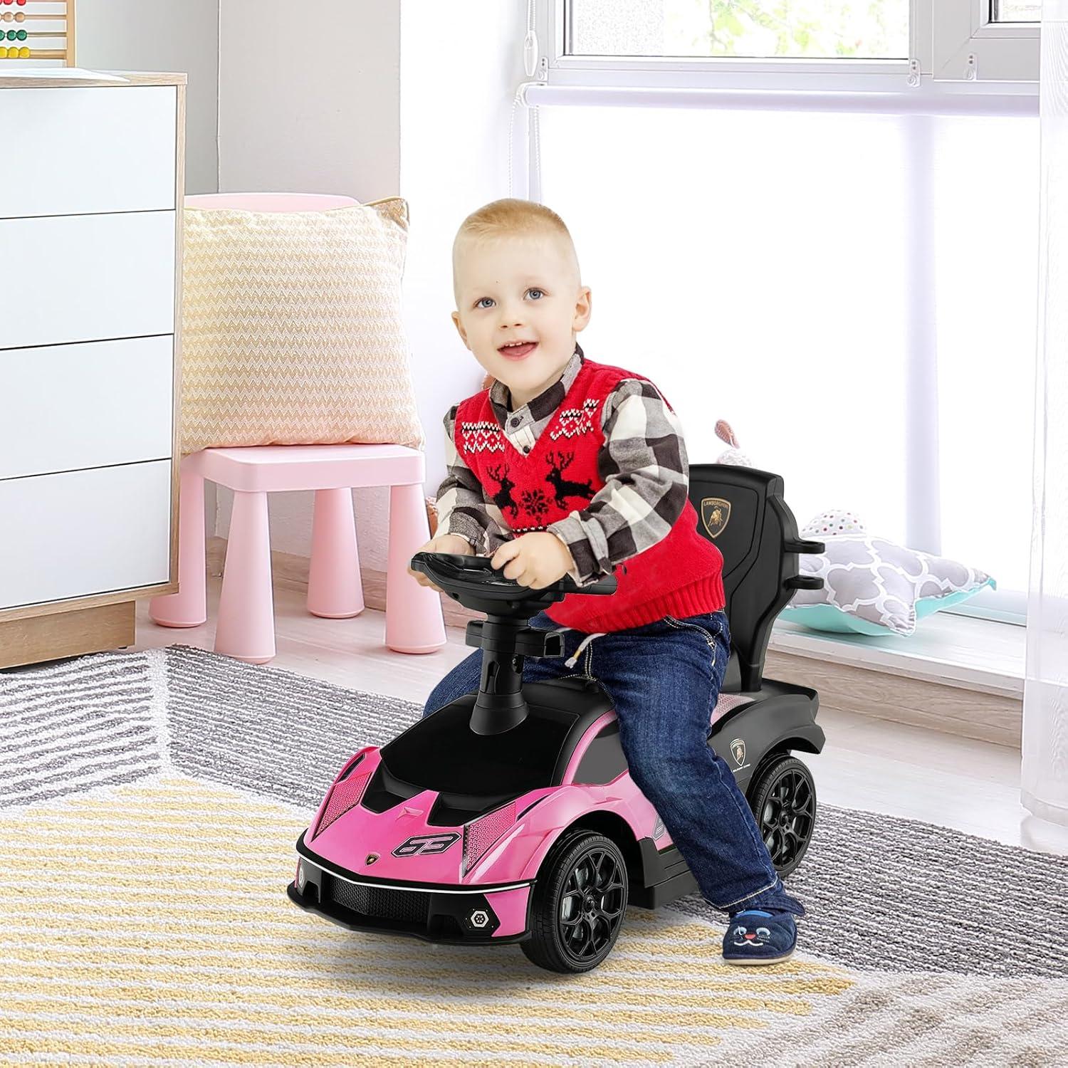 Costway 3-in-1 Licensed Lamborghini Ride on Push Car Stroller Sliding Car w/ Sound Pink