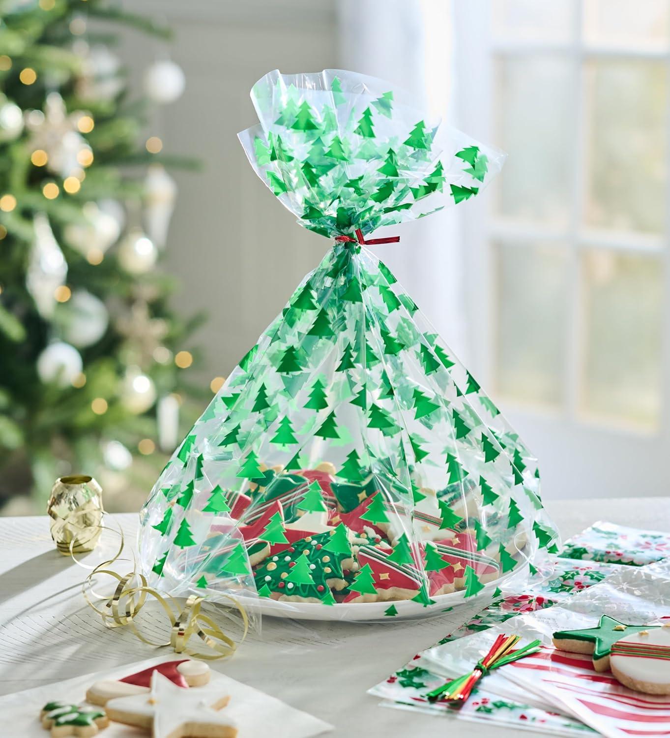 American Greetings Christmas Cellophane Cookie Tray Bags with Twist-Ties, Holiday Patterns (12-Count)