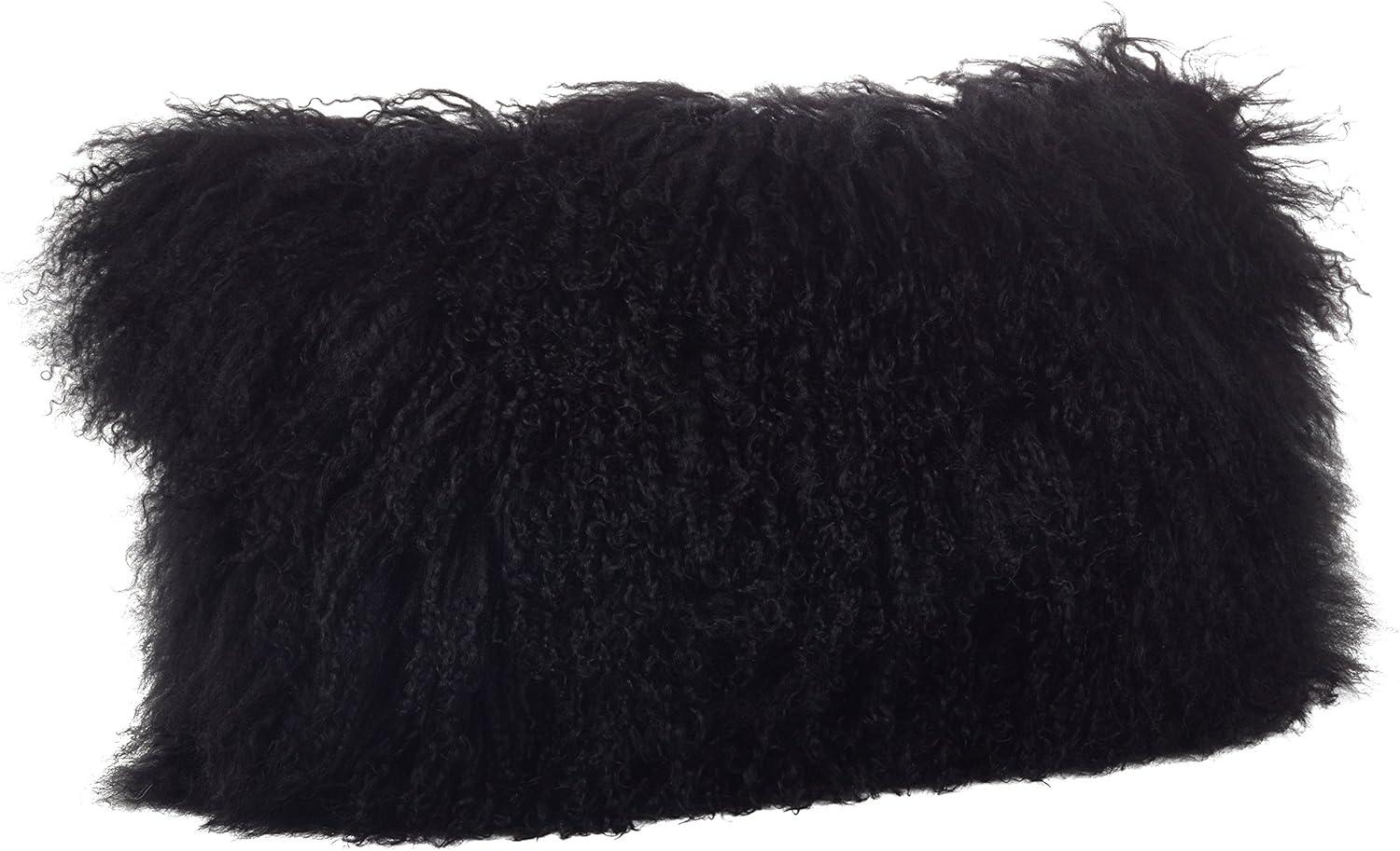 Black Wool Mongolian Lamb Fur Rectangular Throw Pillow