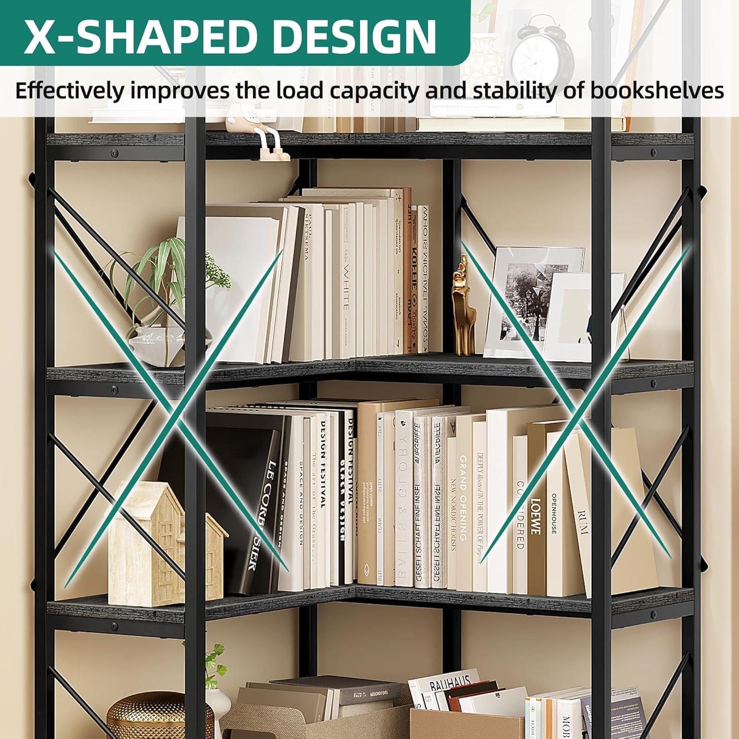 Gray and Black Adjustable 5-Tier Corner Bookshelf