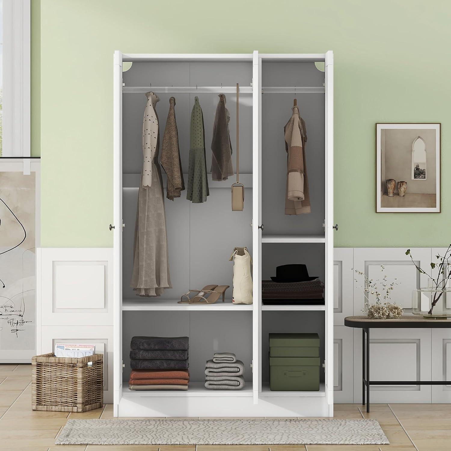 White MDF 3-Door Wardrobe with Shelves and Hanging Rods