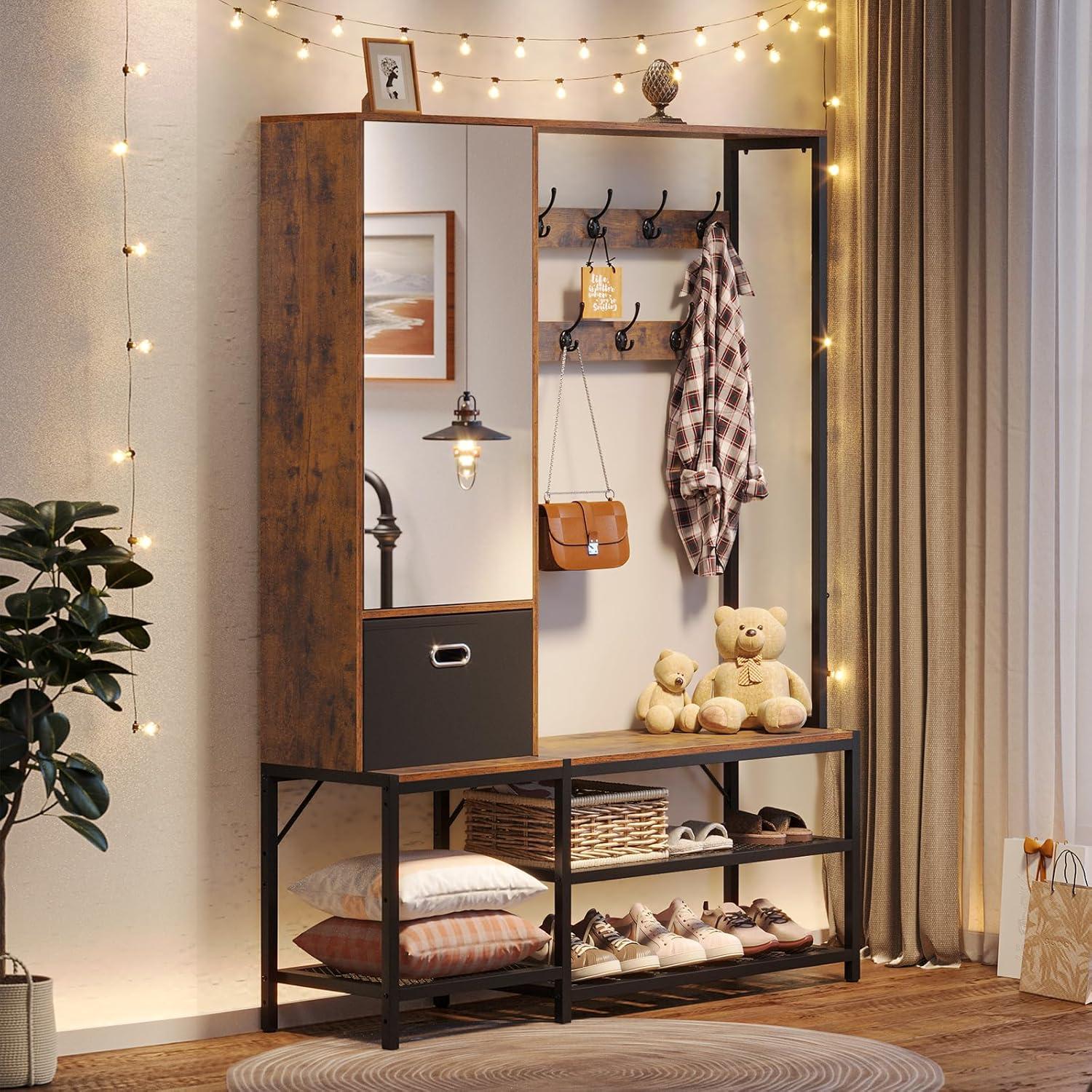 Rustic Brown Hall Tree with Mirror Cabinet and Shoe Storage