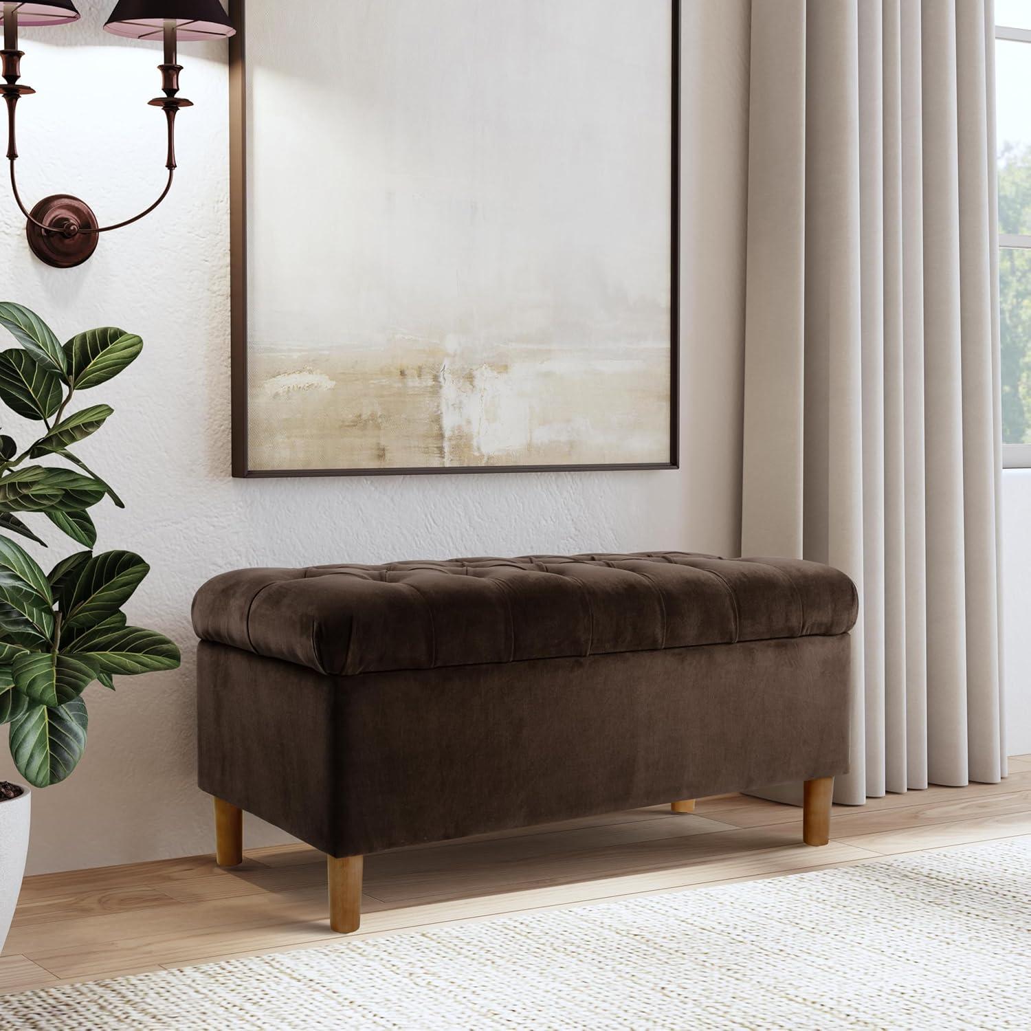 Chocolate Brown Velvet Tufted Storage Bench with Honey Oak Legs