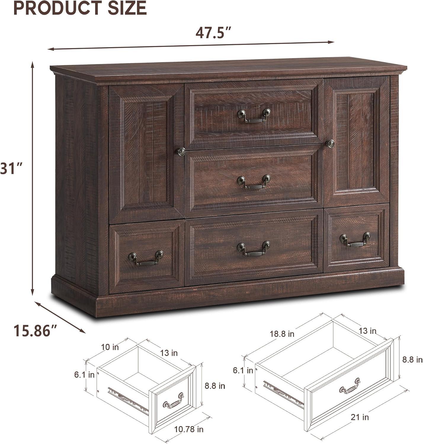 Odhin 47" Buffet Cabinet w/5 Drawers, Rustic Wood Sideboard Cabinet w/Groove Barn Door