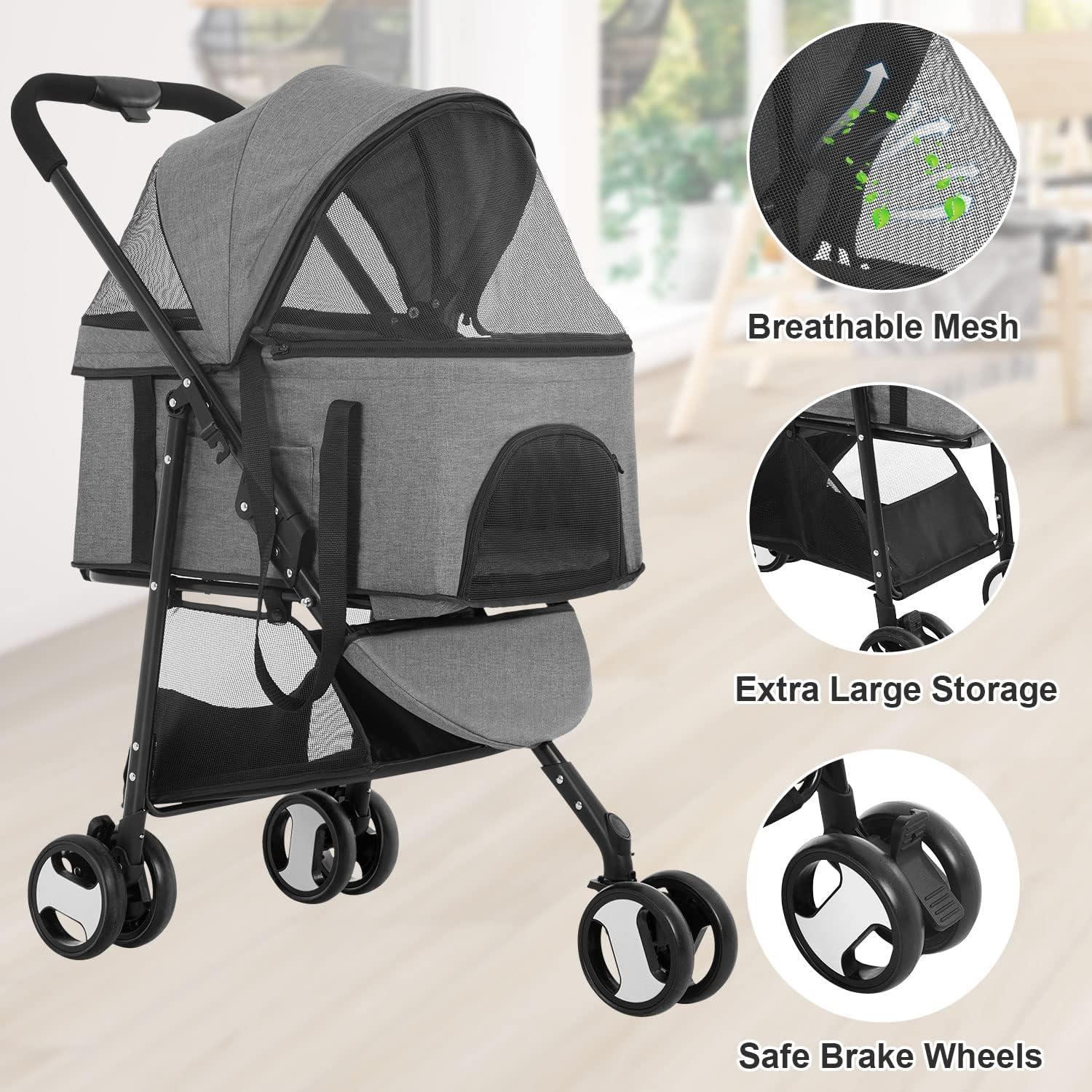 Gray 3-in-1 Multifunction Pet Stroller with Detachable Carrier