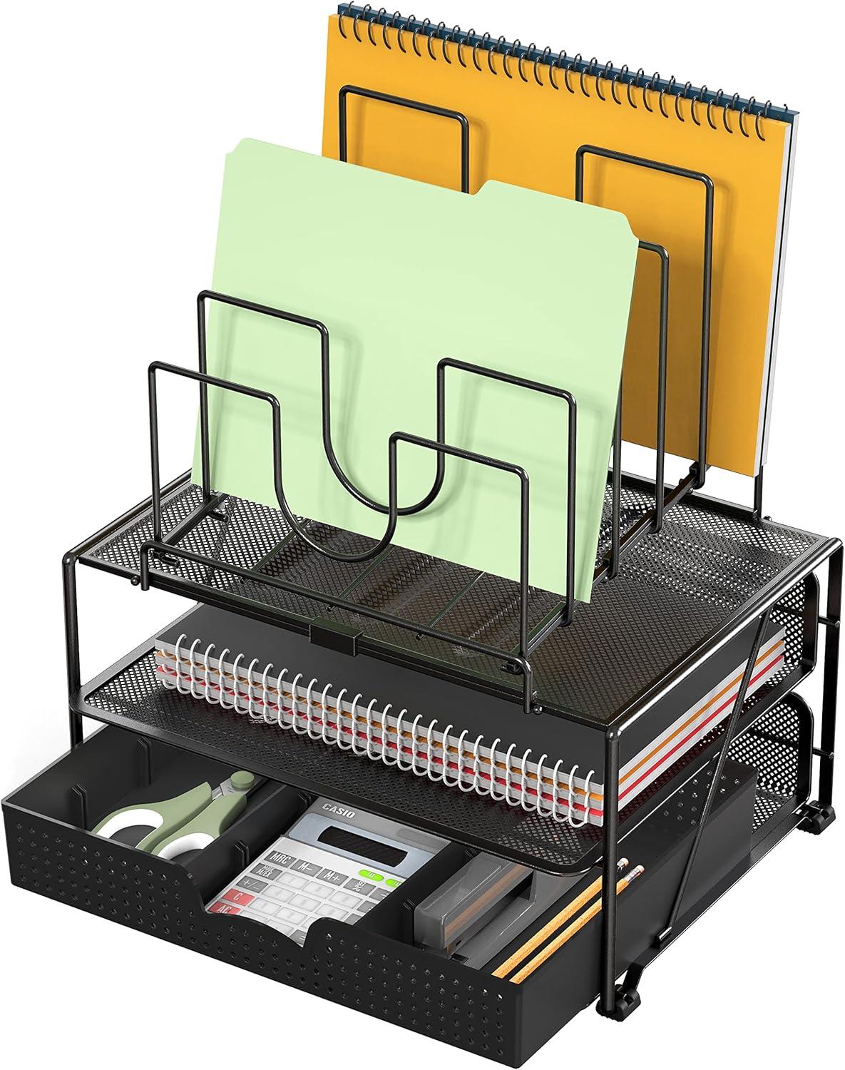 Black Mesh Desktop Organizer with Double Tray and 5 Folder Sections