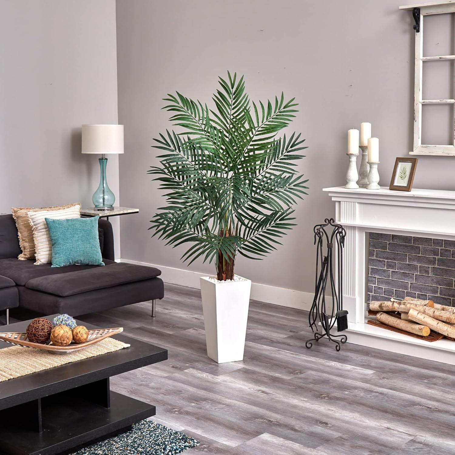 5.5ft Artificial Areca Palm Tree in White Tower Planter - Nearly Natural