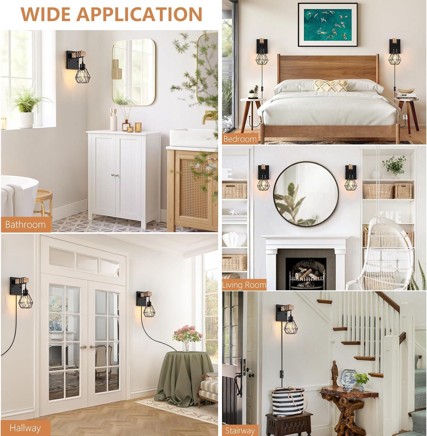 Plug in Wall Sconces Set of 2 with 6 FT On/Off Switch Cord, Wall Light Fixtures Black Industrial Farmhouse Indoor Wall Latern For Bedroom Living Room