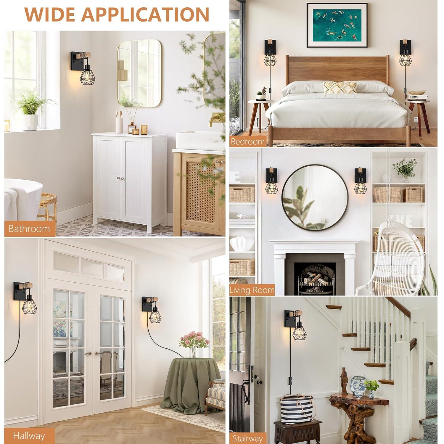 Plug in Wall Sconces Set of 2 with 6 FT On/Off Switch Cord, Wall Light Fixtures Black Industrial Farmhouse Indoor Wall Latern For Bedroom Living Room