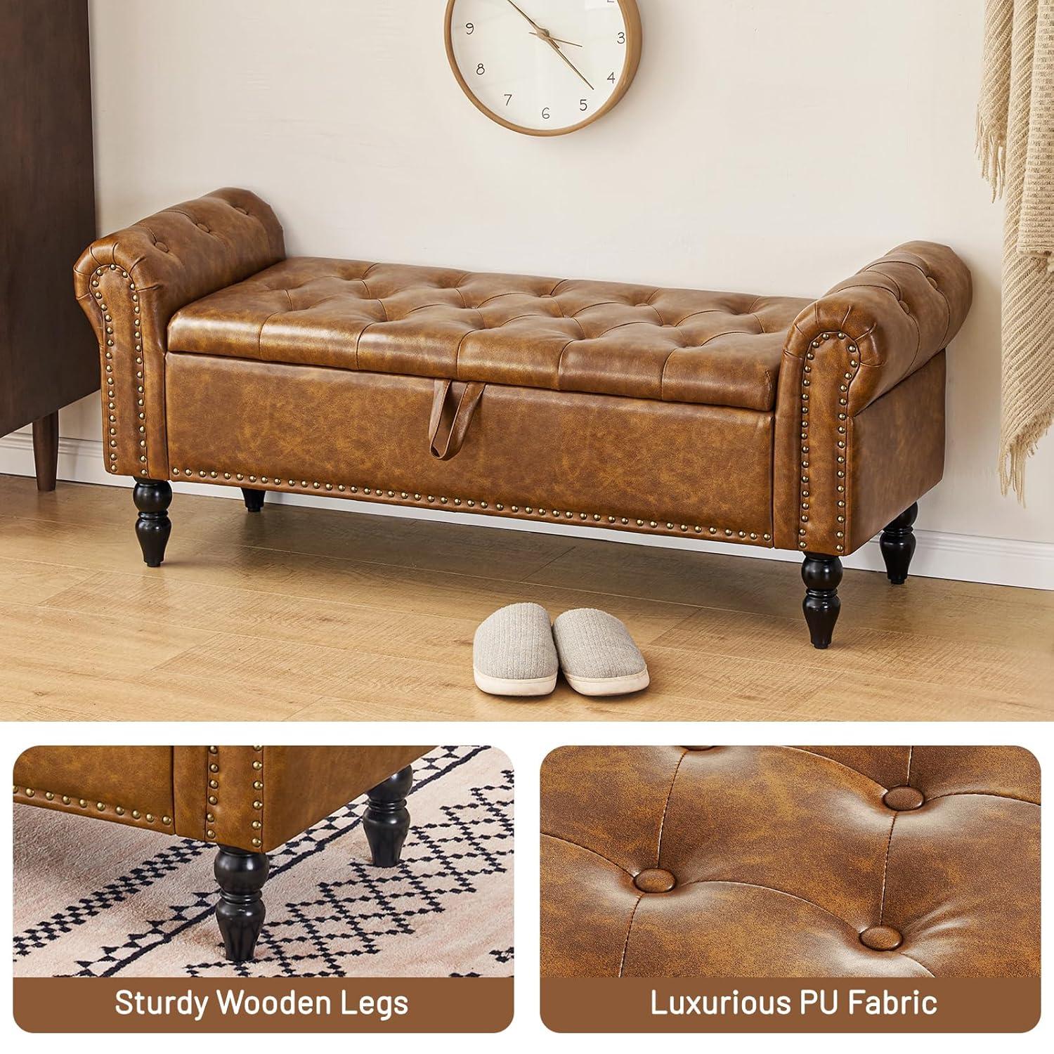 Furniliving Storage Ottoman Bench with Arms Button Tufted End of Bed Bench Large Storage Bench for Bedroom, Entryway, YellowBrown