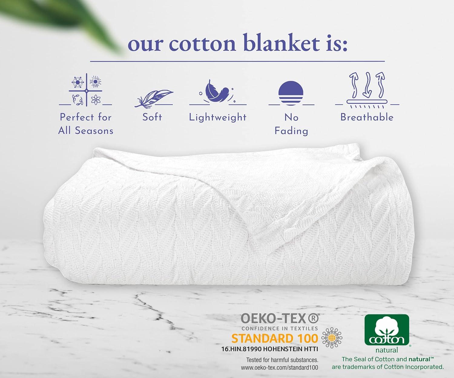 Bed Blanket | Soft 100% Cotton | Herringbone Design | All-Season Thermal Layering by California Design Den - Ivory, King (106" x 94")