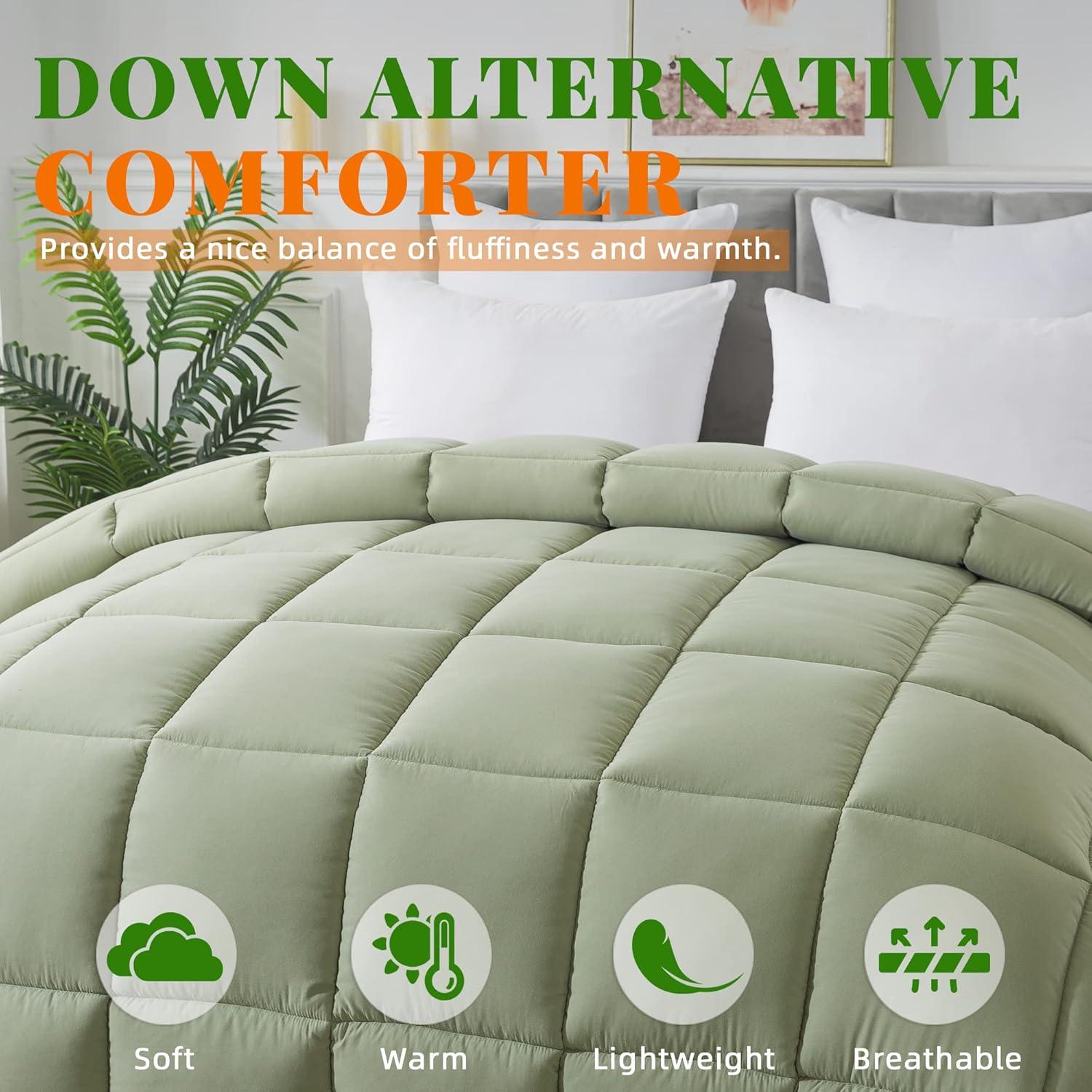 JUSTLET Luxury Solid Down Alternative Machine Washable Sage Green Comforters, Full