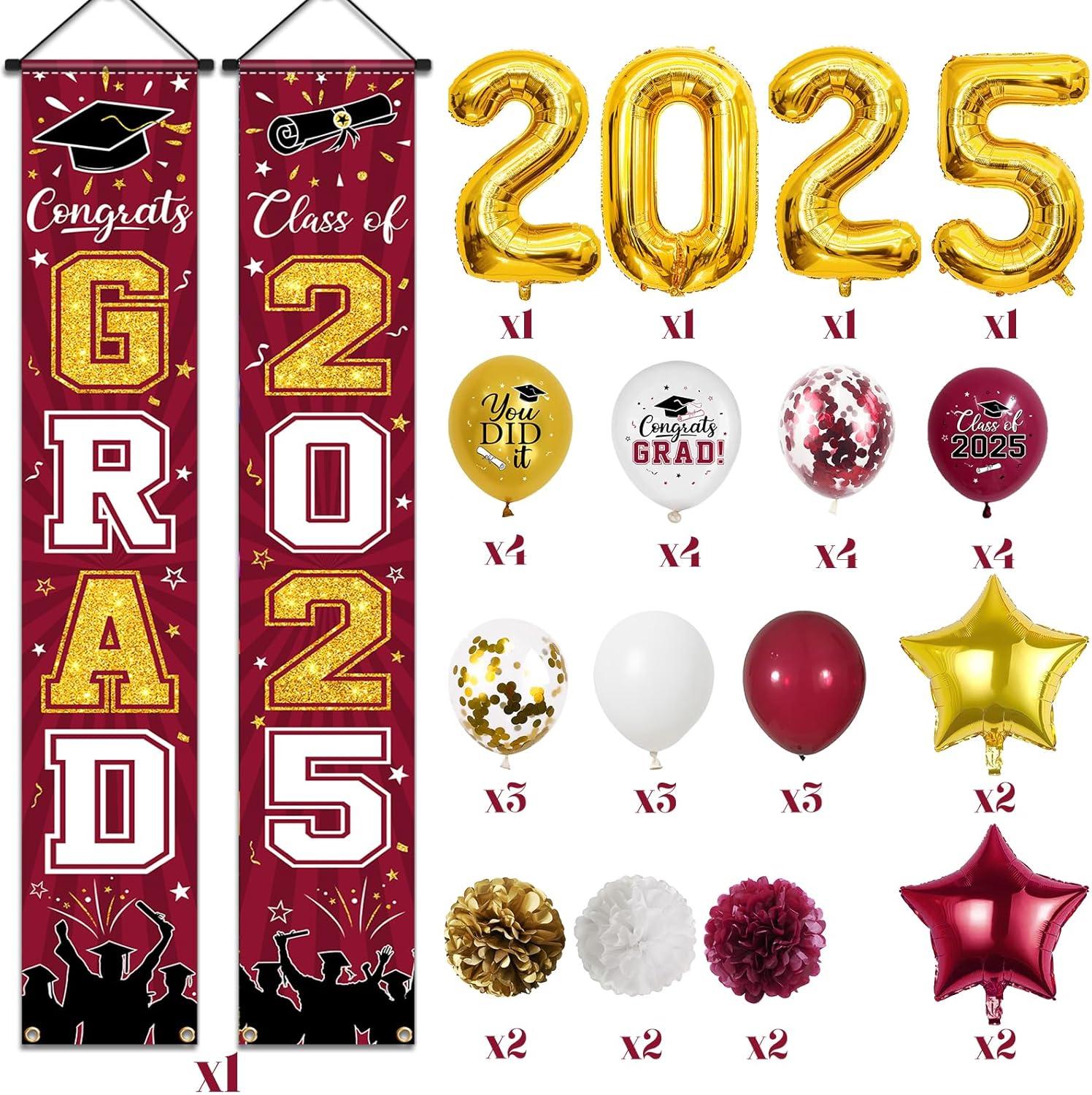 2025 Graduation Party Decoration, Red Gold Themed Set with Congrats Grad Banner, Balloons, Foil Number 2025 for Class of 2025 Graduation Party Supplies