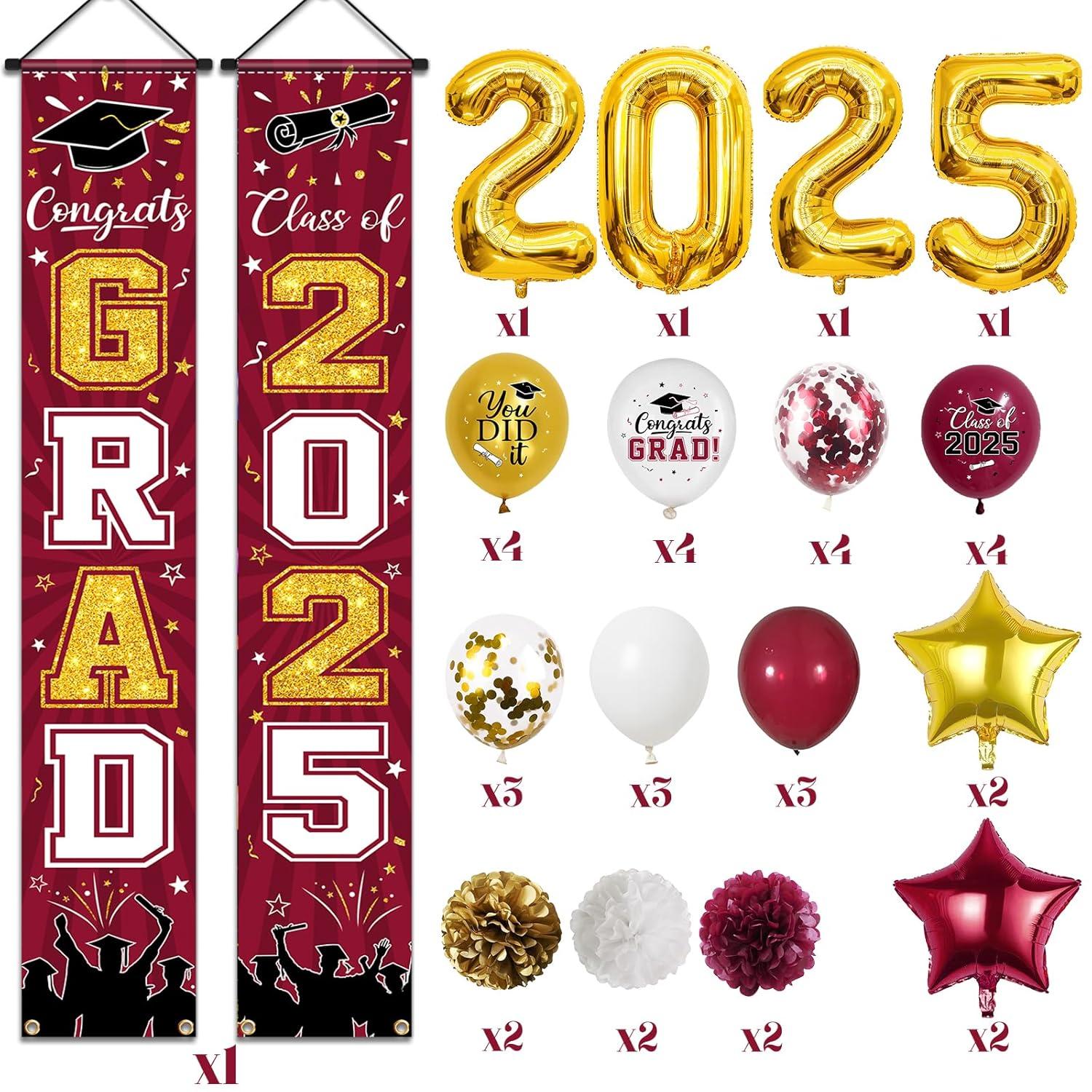 Graduation Party Decorations Class of 2025 Graduation Party Supplies Congrats Grad Banner Class of 2025 Backdrop, Paper Pompoms, Balloons for Congrats Grad Party Decorations (Burgundy-Gold)