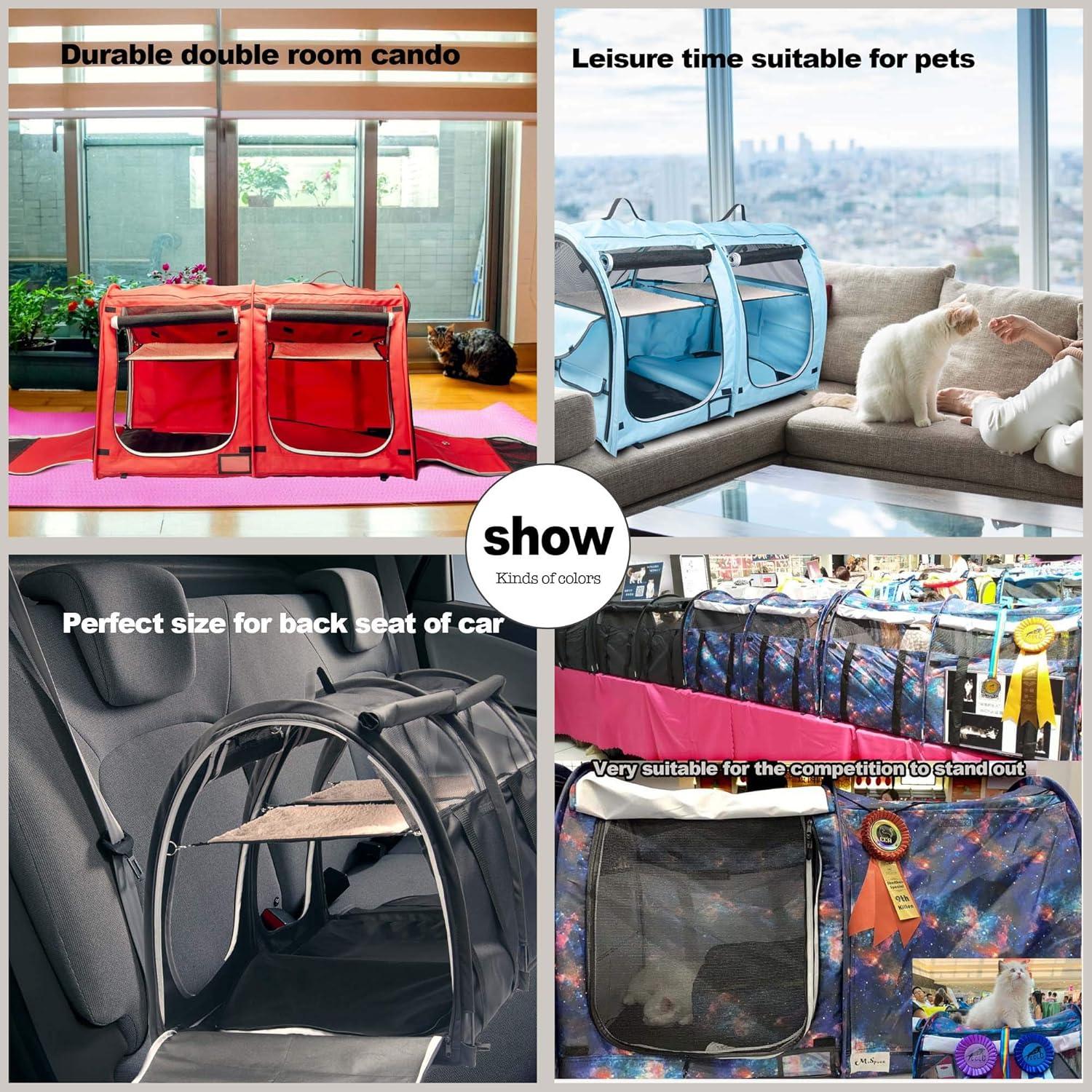 Mispace Portable Twin Compartment Show House Cat Cage Condo,Comfy Puppy Home Dog Travel Crate with Carry Bag/2 Hammocks/Mats & Collapsible Litter Box