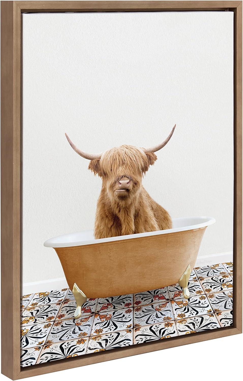 Kate and Laurel Sylvie Highland Cow In Mediterranean Bath Framed Canvas by Amy Peterson Art Studio