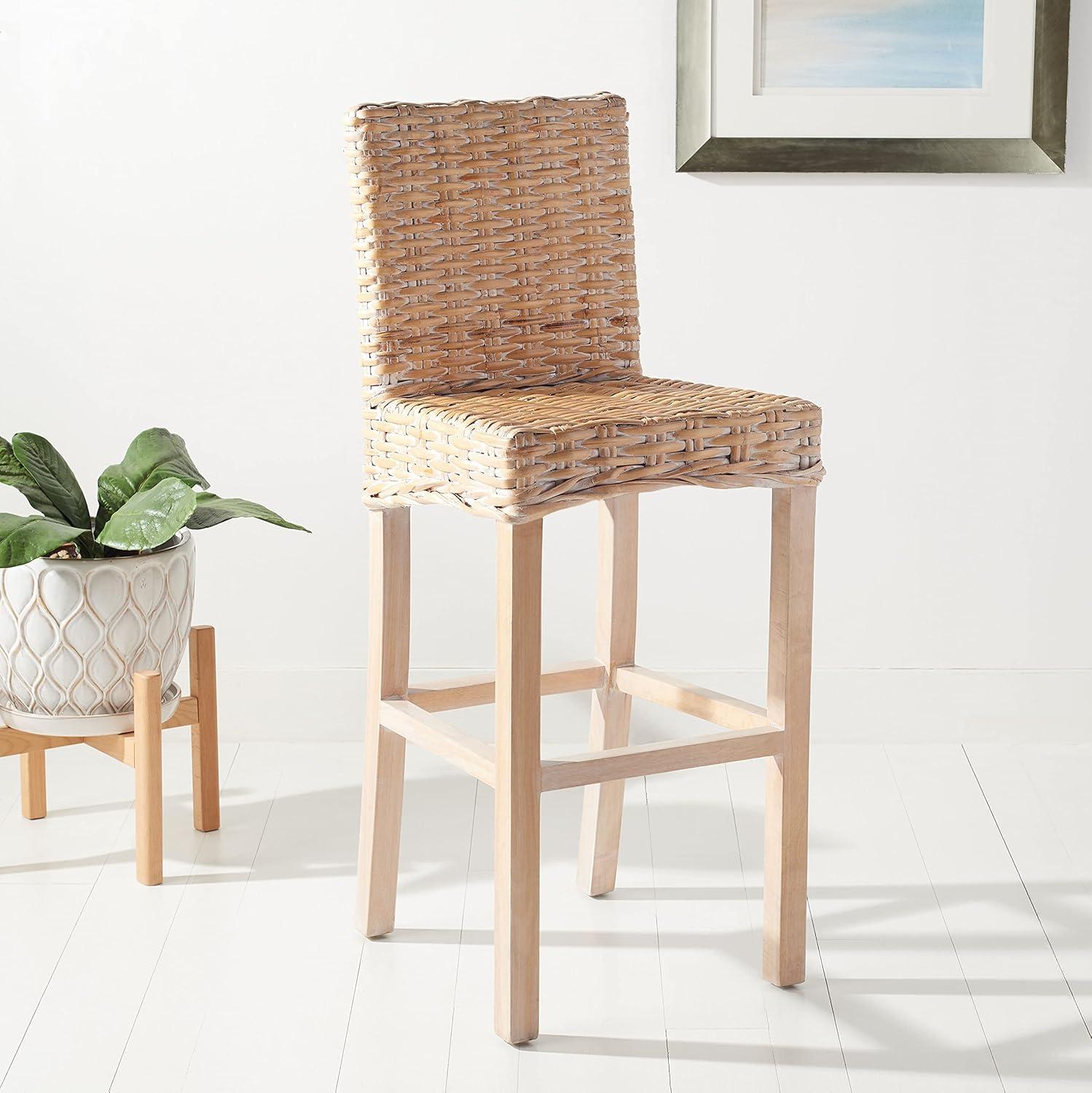Tobie Rattan Bar Stool - White Washed - Safavieh