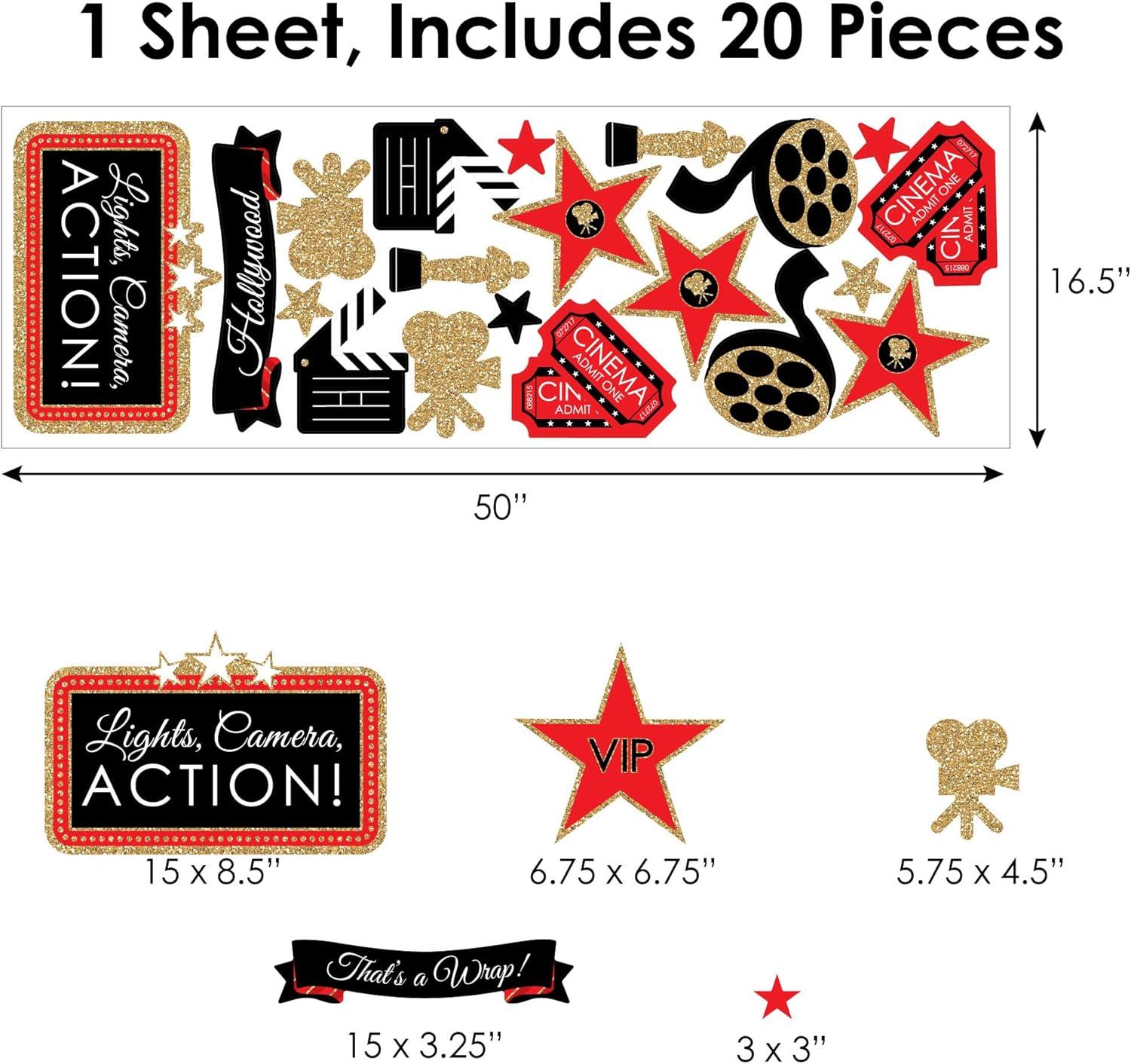Big Dot of Happiness Red Carpet Hollywood - Peel and Stick Movie Theater Decor Vinyl Wall Art Stickers - Wall Decals - Set of 20