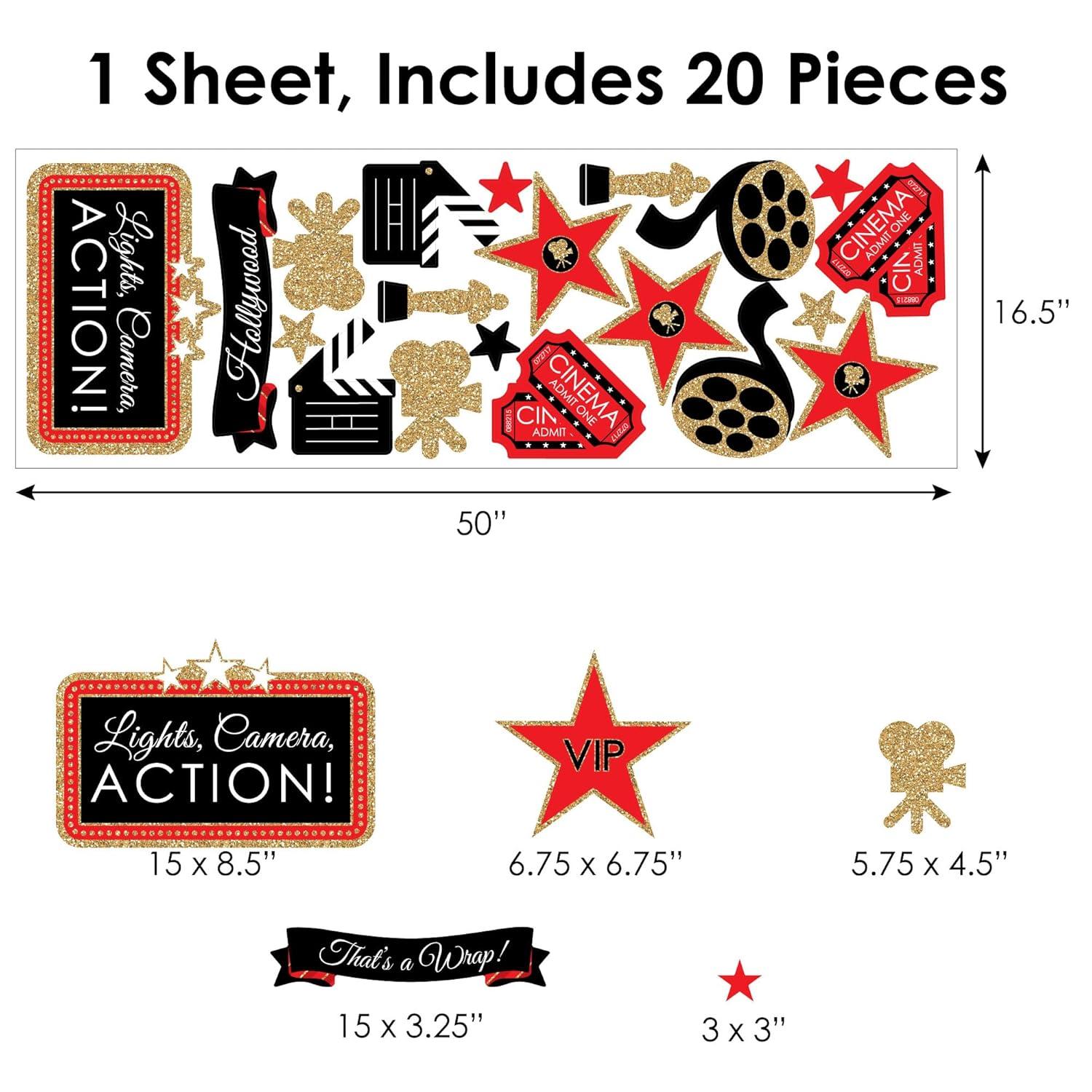 Big Dot of Happiness Red Carpet Hollywood - Peel and Stick Movie Theater Decor Vinyl Wall Art Stickers - Wall Decals - Set of 20