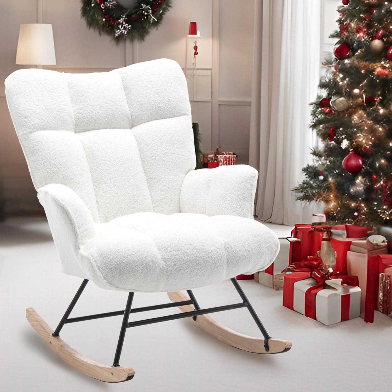Glider Rocking Chair for Nursery, Leather Soft Upholstered Glider Rocker Armchair with High Backrest Accent Chairs for Nursery, Living Room, Bedroom