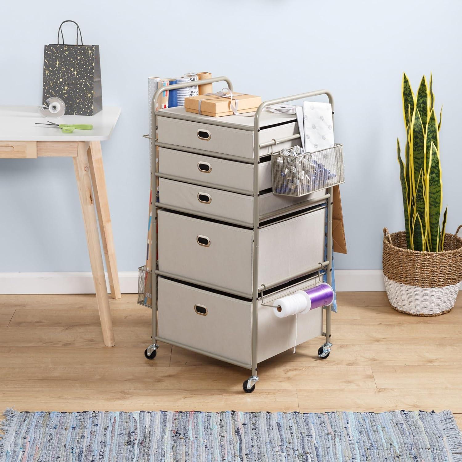 Honey-Can-Do 5-Tier Steel and Fabric Rolling Gift Wrap or Craft Storage Cart, Gray/Silver