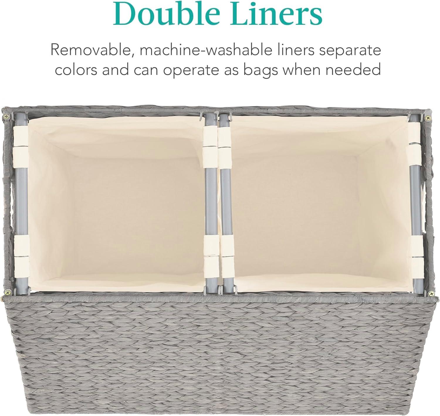 Best Choice Products Large Natural Water Hyacinth Double Laundry Hamper Basket w/ 2 Liner Bags, Handles - Gray