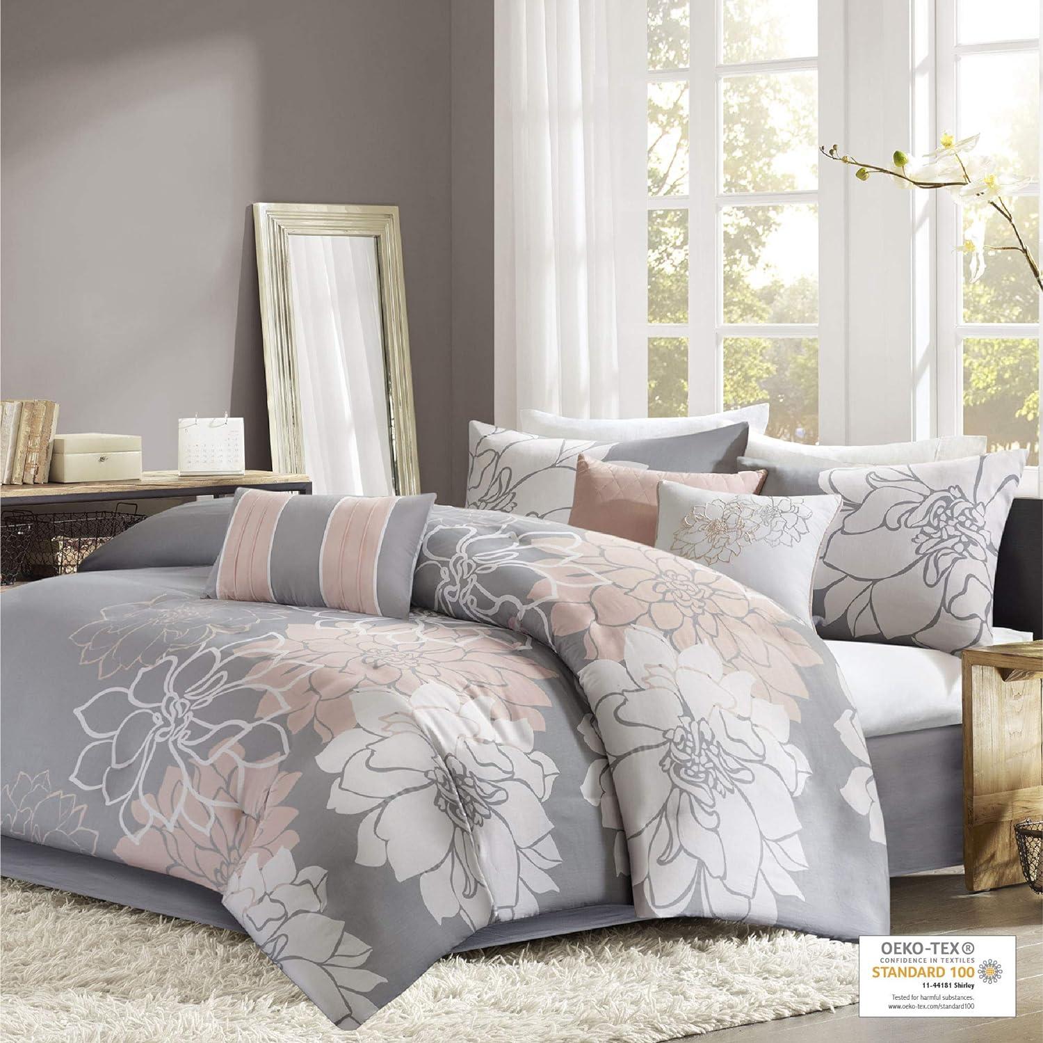 California King Gray and Blush Floral Cotton Comforter Set