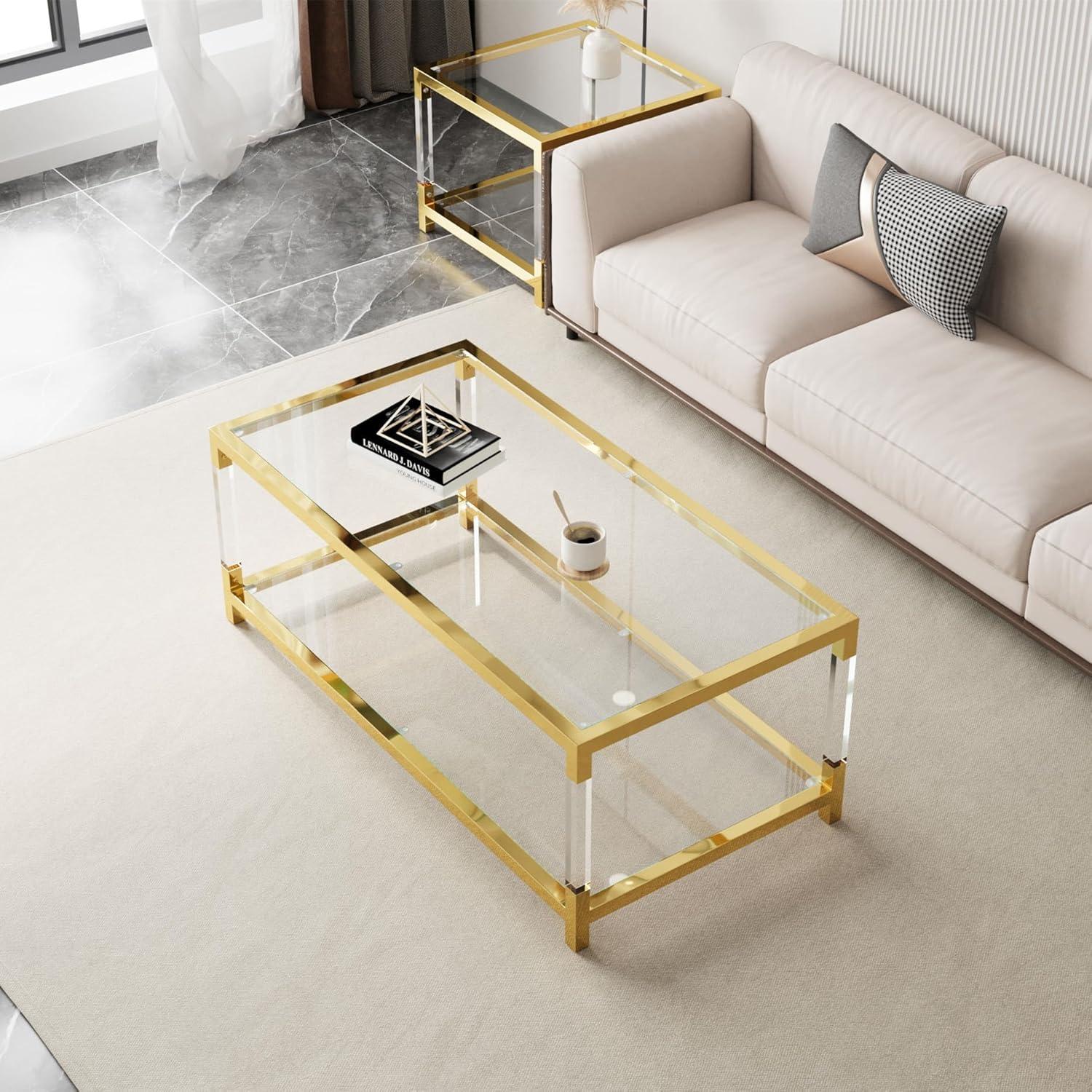 Modern Gold Glass Coffee Table with Acrylic Legs and Storage