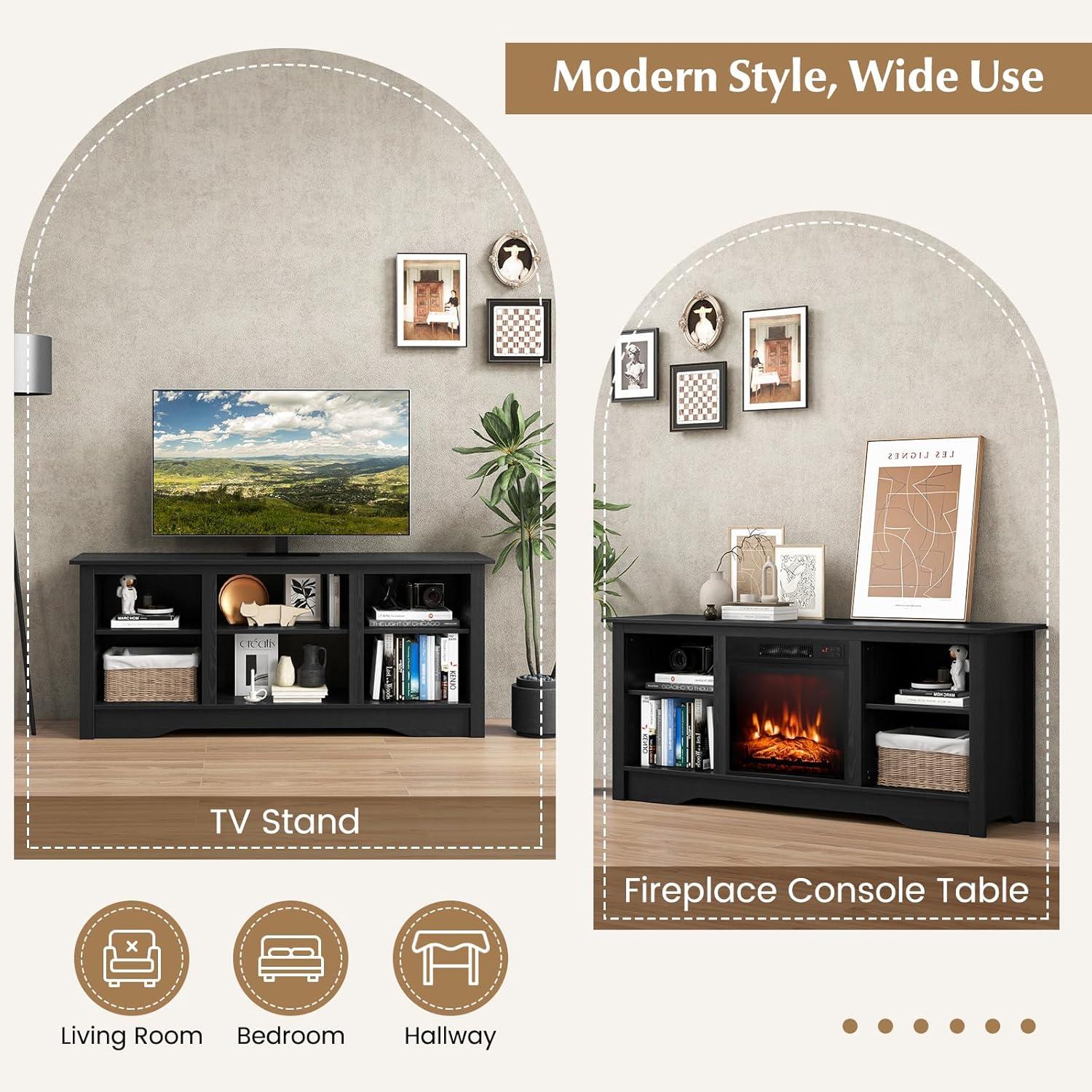 Black MDF TV Stand with Fireplace and Adjustable Shelves