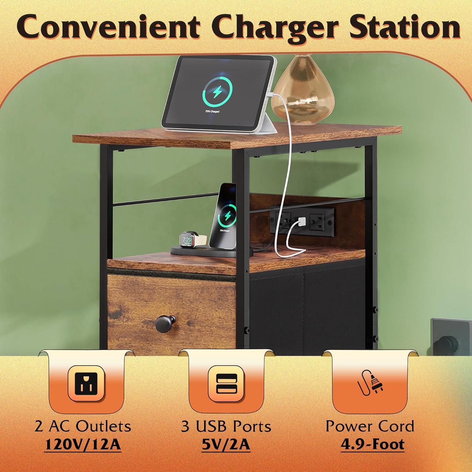 WLIVE Night Stand Set of 2 with Charging Station, LED Nightstand Sets with 2 Fabric Drawers and Storage Shelf, Small Bedside Tables for Small Spaces, Dresser for Bedroom, Rustic Brown