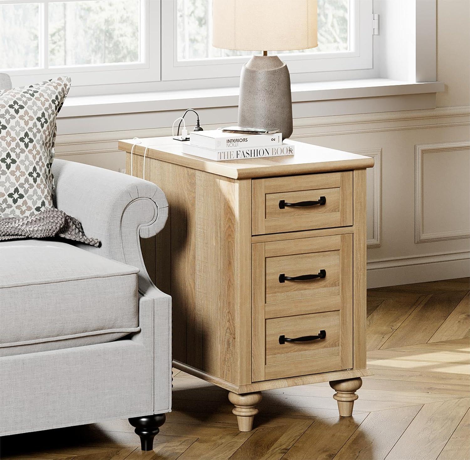 WAMPAT Farmhouse End Table with Charging Station, Light Wood Sofa Side Table with Storage Cabinet, Narrow Night Stand Bedside Table with Drawer for Living Room, Bedroom, Oak