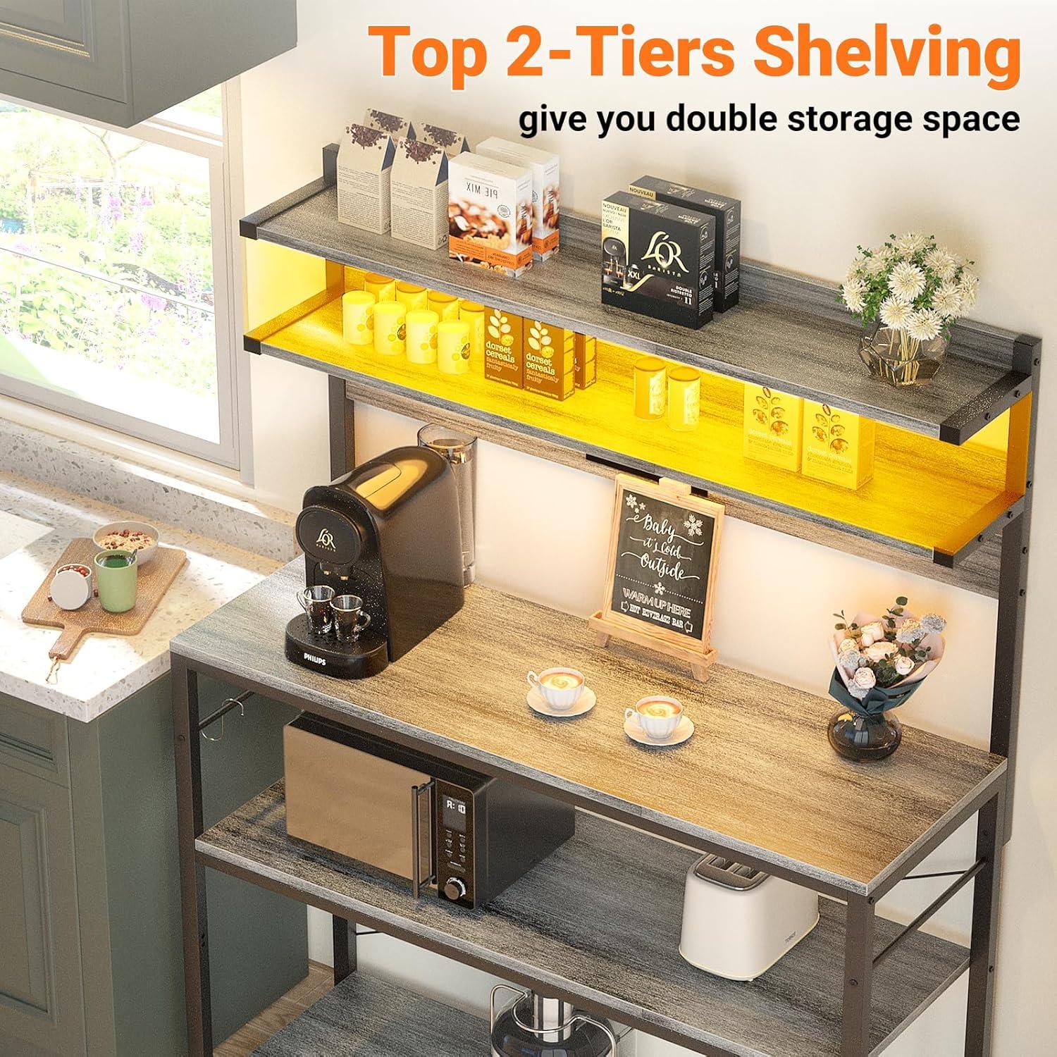 White Oak Kitchen Bakers Rack with LED Lights and Power Outlets