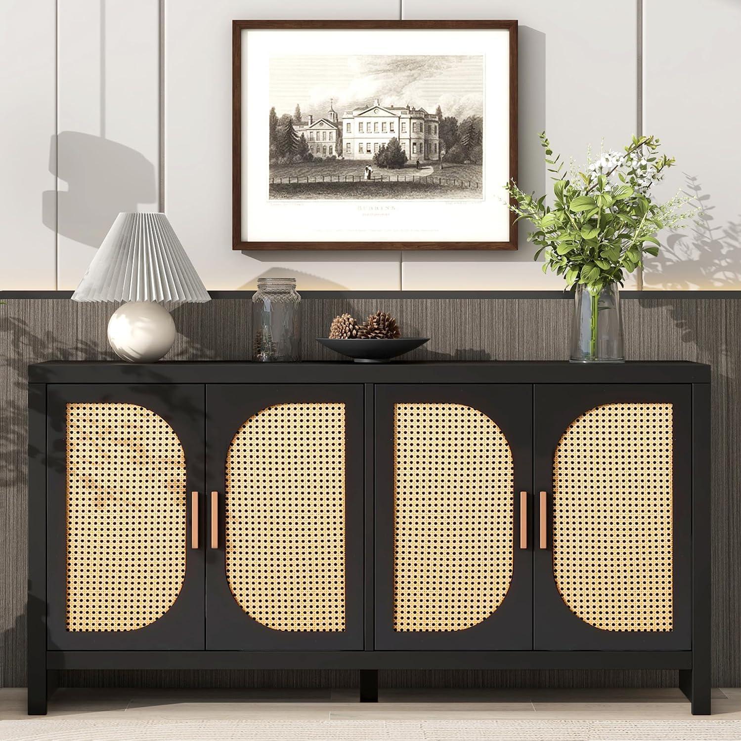 Furtivusia Rattan Sideboard, Accent Cabinet with Doors, Coffee Bar Cabinet with Adjustable Shelves for Kitchen, Living Room, Black