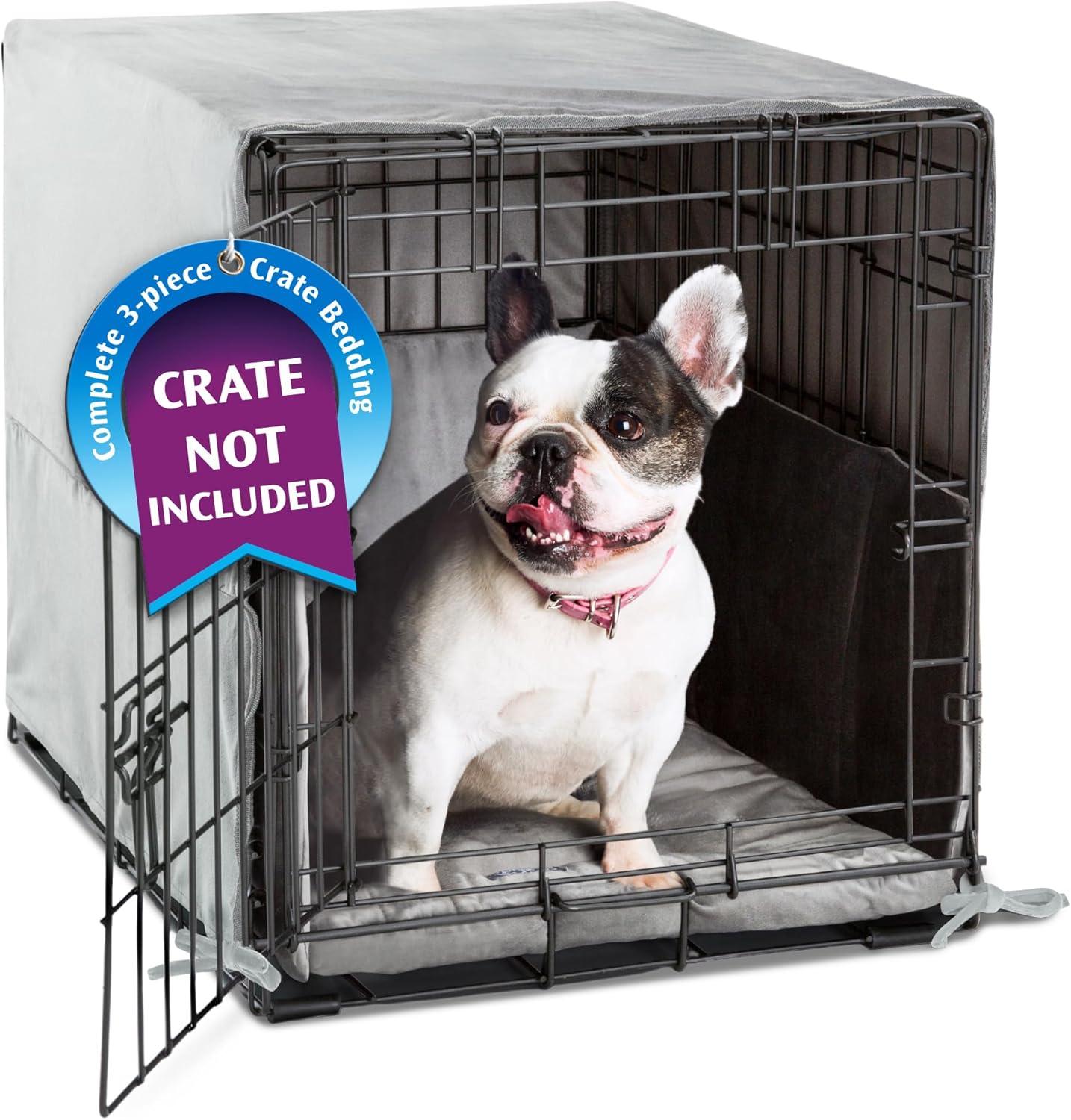 Pet Dreams 3-Piece Set Includes Dog Crate Cover, Dog Mat & Bumper Pad- Washable Kennel Bedding fits iCrate Dog Cages 24, 30, 36, 42 Inch Grey, Small, 24"