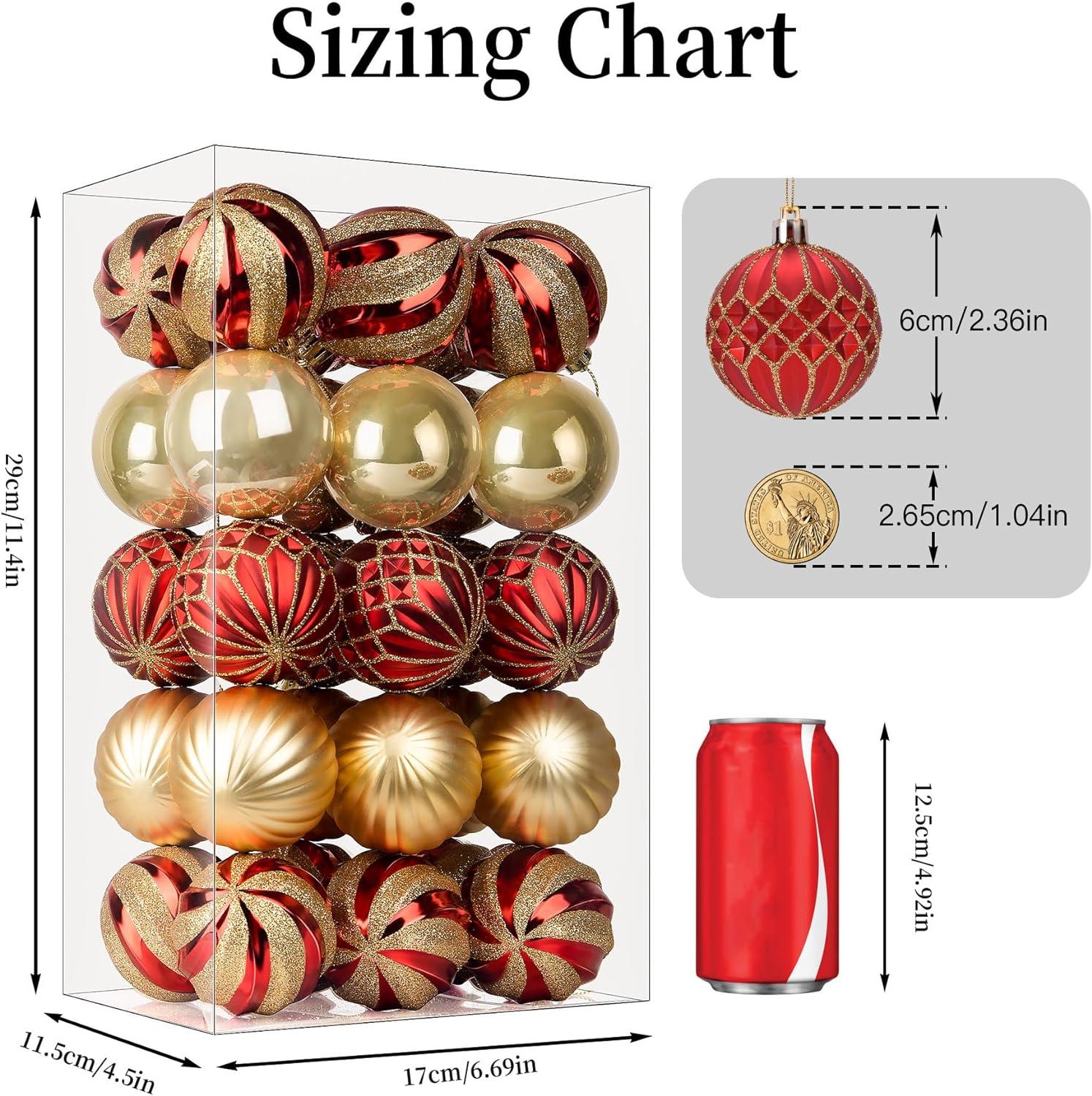 30CT Christmas Balls Ornaments, 2.36 Inch Colored Shatterproof Plastic Decorative Baubles for Xmas Tree Decor, Red & Gold, 60mm