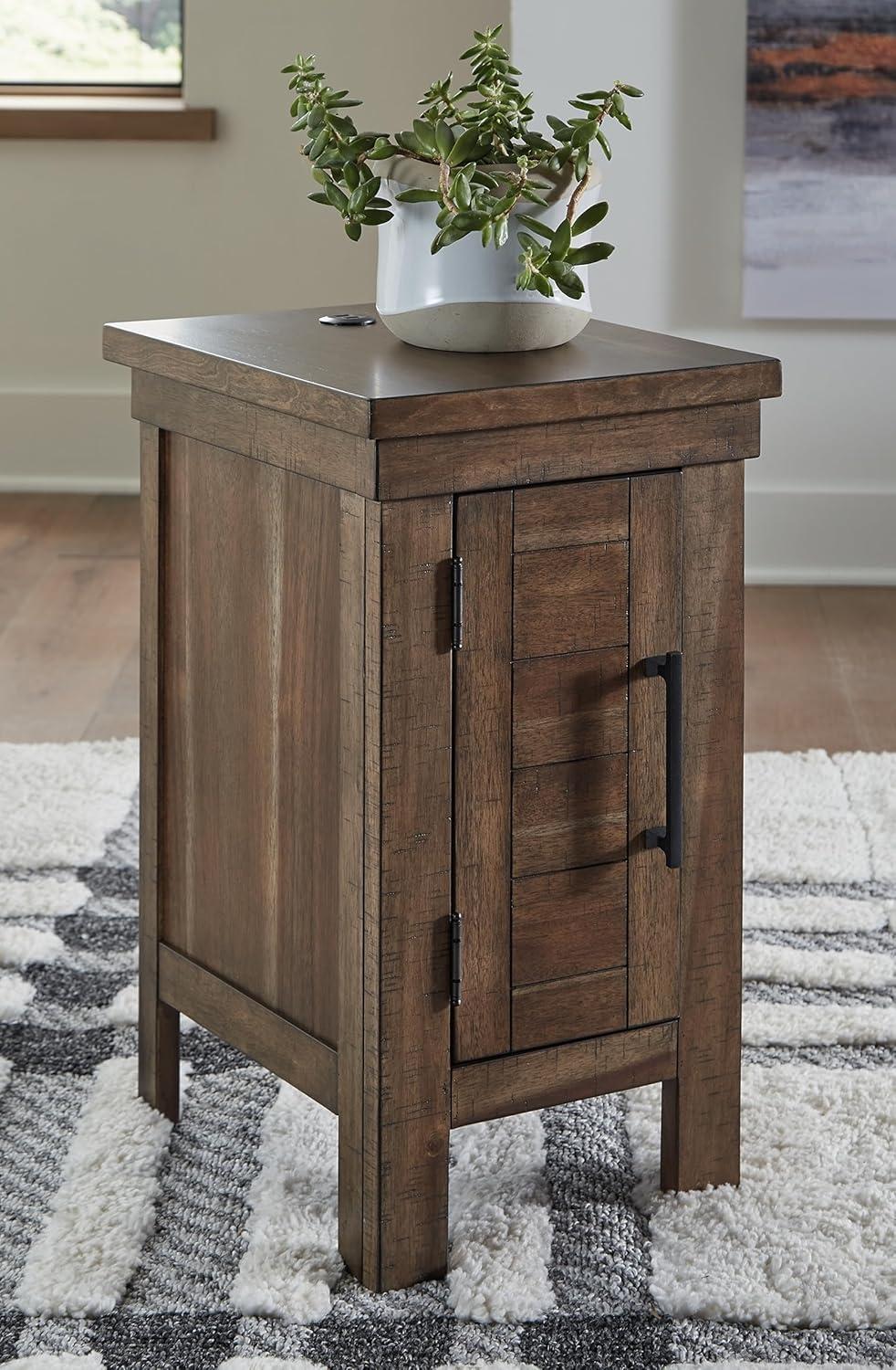 Brown Wood Rectangular End Table with Storage and USB Ports